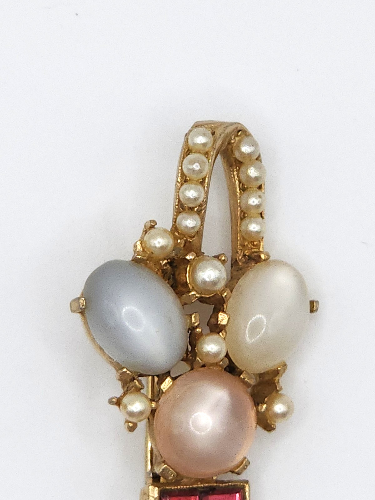 VintageGold Tone Brooch/Pin Moonstone Cabochon Faux Seed Pearls Pink Rhinestone
