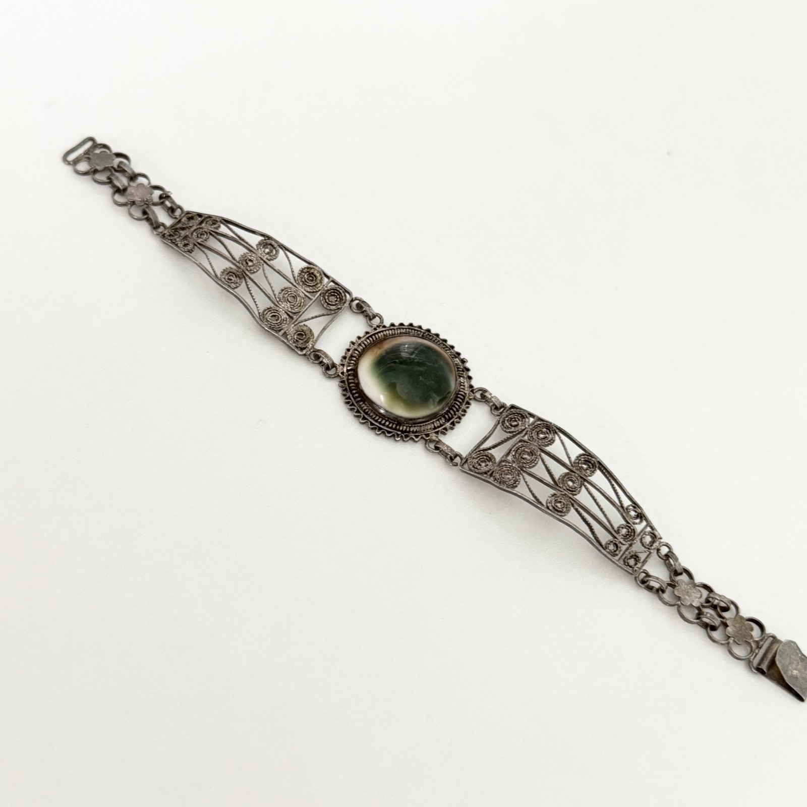 Vintage Sterling Silver Cannetille Filigree Operculum Shell Unique Bracelet 7″