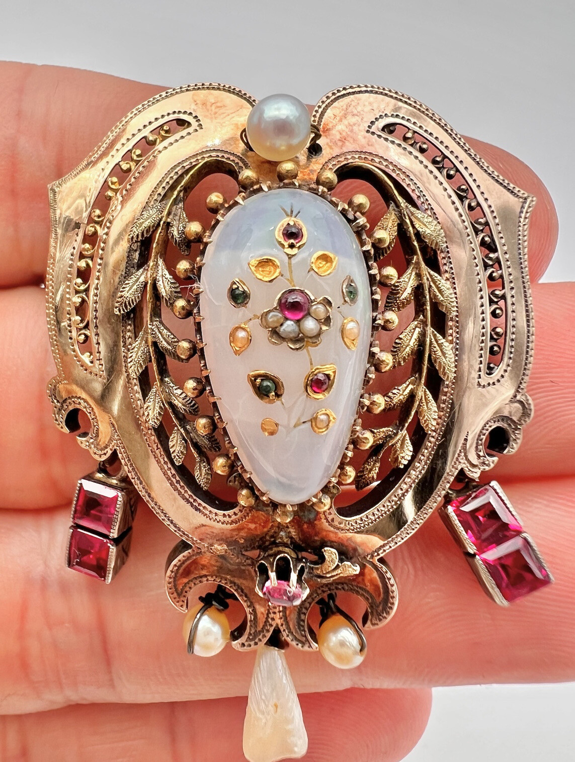 Victorian 14k Yellow Gold Rose of Sharon Opal & Ruby Emerald & Seed Pearl Brooch