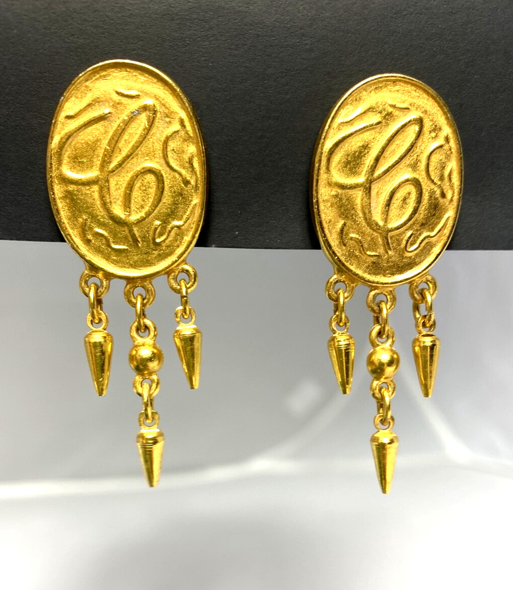 VTG Classique Entier Statement Gold Tone coin&fringe clip ons Earings RomanGreco
