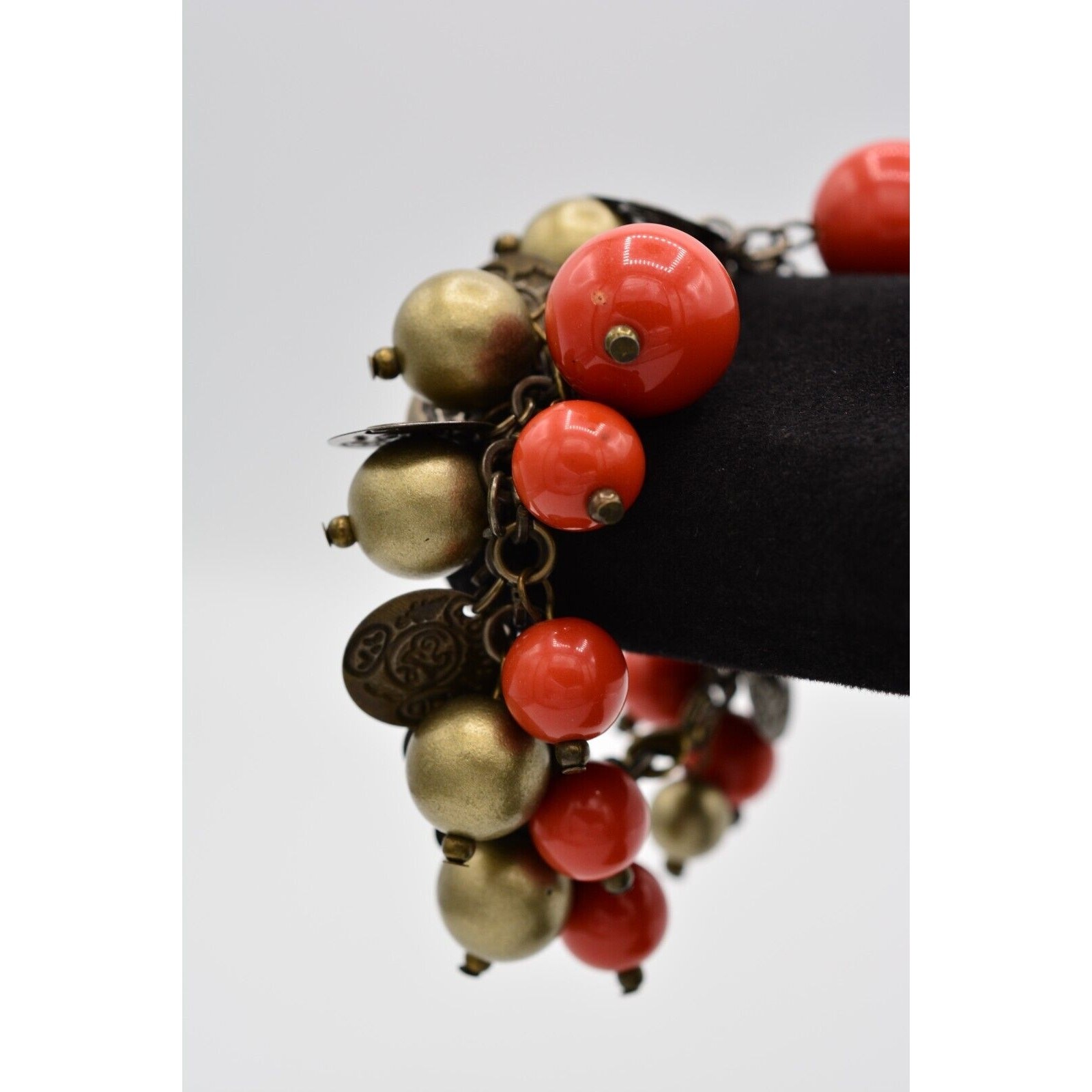 Vintage Dangle Coin Charm Bracelet Rustic Brass Orange Gold Beaded Chunky Bin7