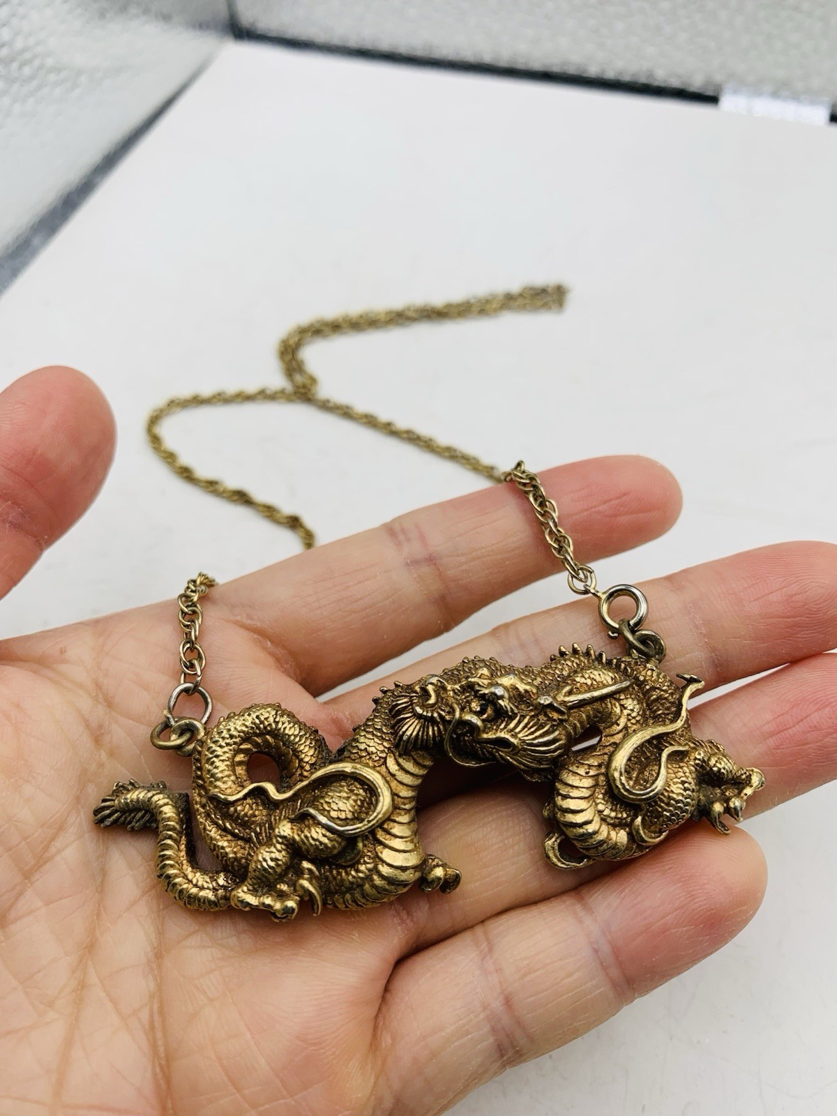Vintage Alva Museum Replica Gold Tone Menuki Asian Japanese Dragon 18” Necklace