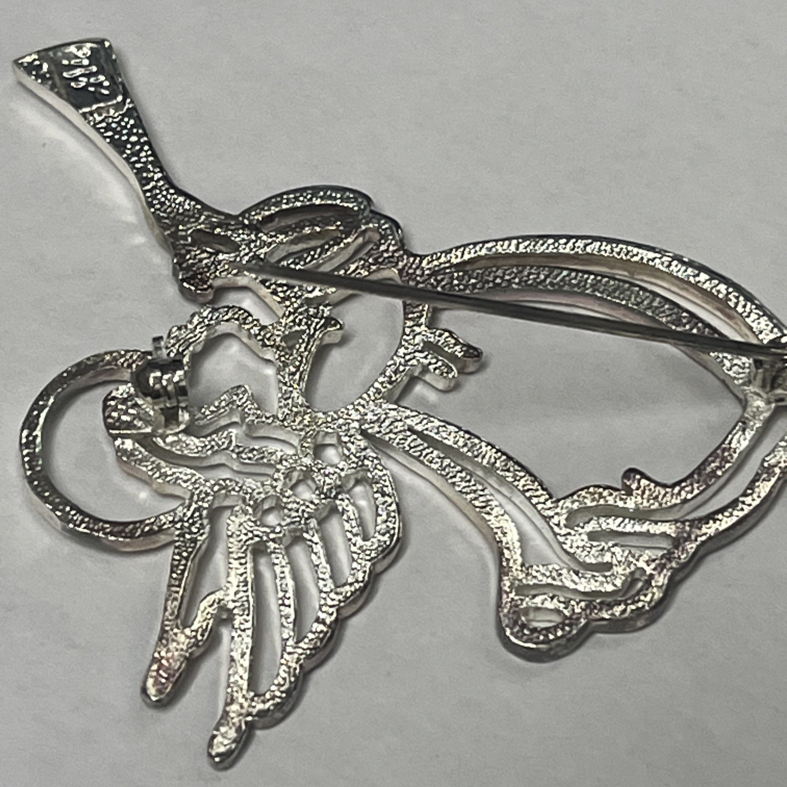 Vintage Silver Halo Angel With Wings & Blowing Trumpet Brooch Lapel Pin Costume