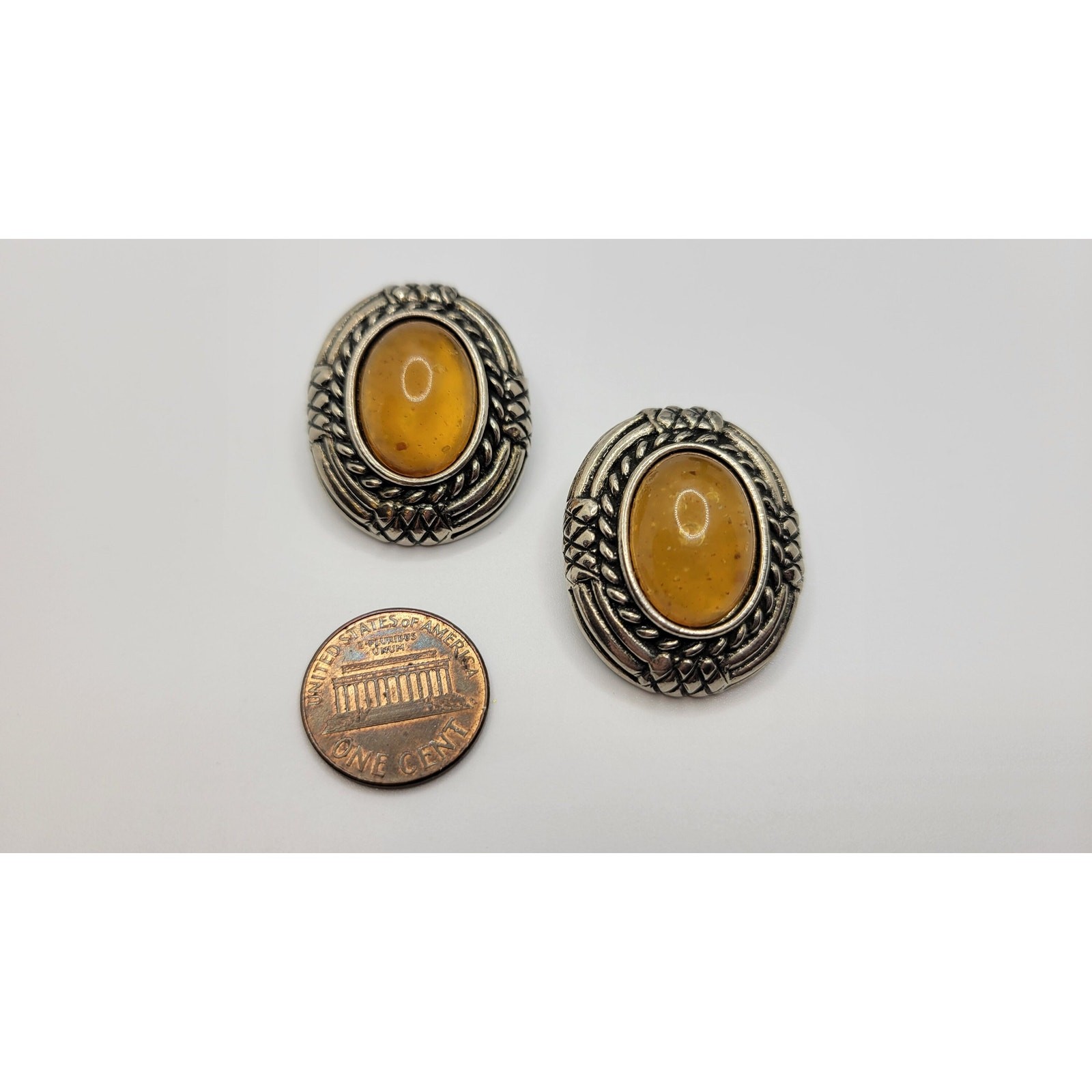 Ben Amun Faux Amber Clip On Earrings Antiqued Silvertone Cabochon Signed Vintage