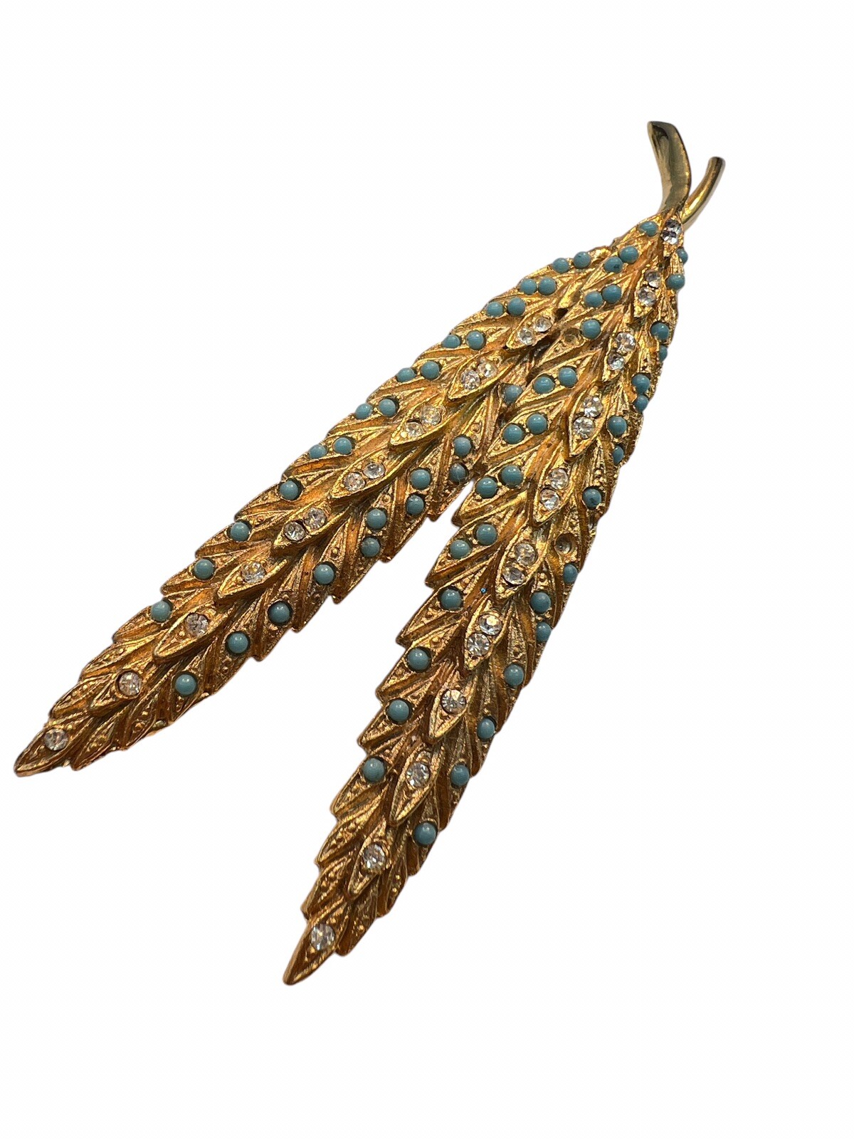 Rhinestone Brooch Faux Turquoise Leaves Feathers Gold Tone Textured READ A3