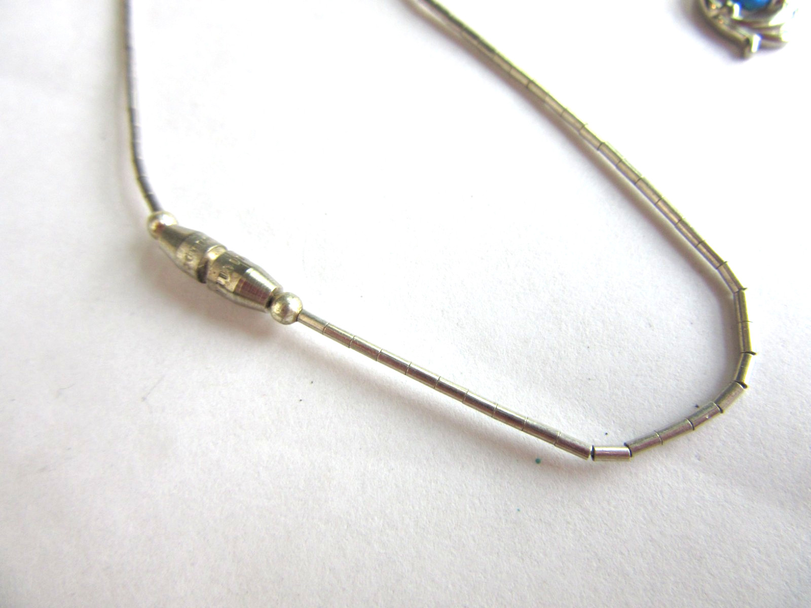 Vintage liquid silver beaded necklace with a blue opal pendant – 16.5″ long