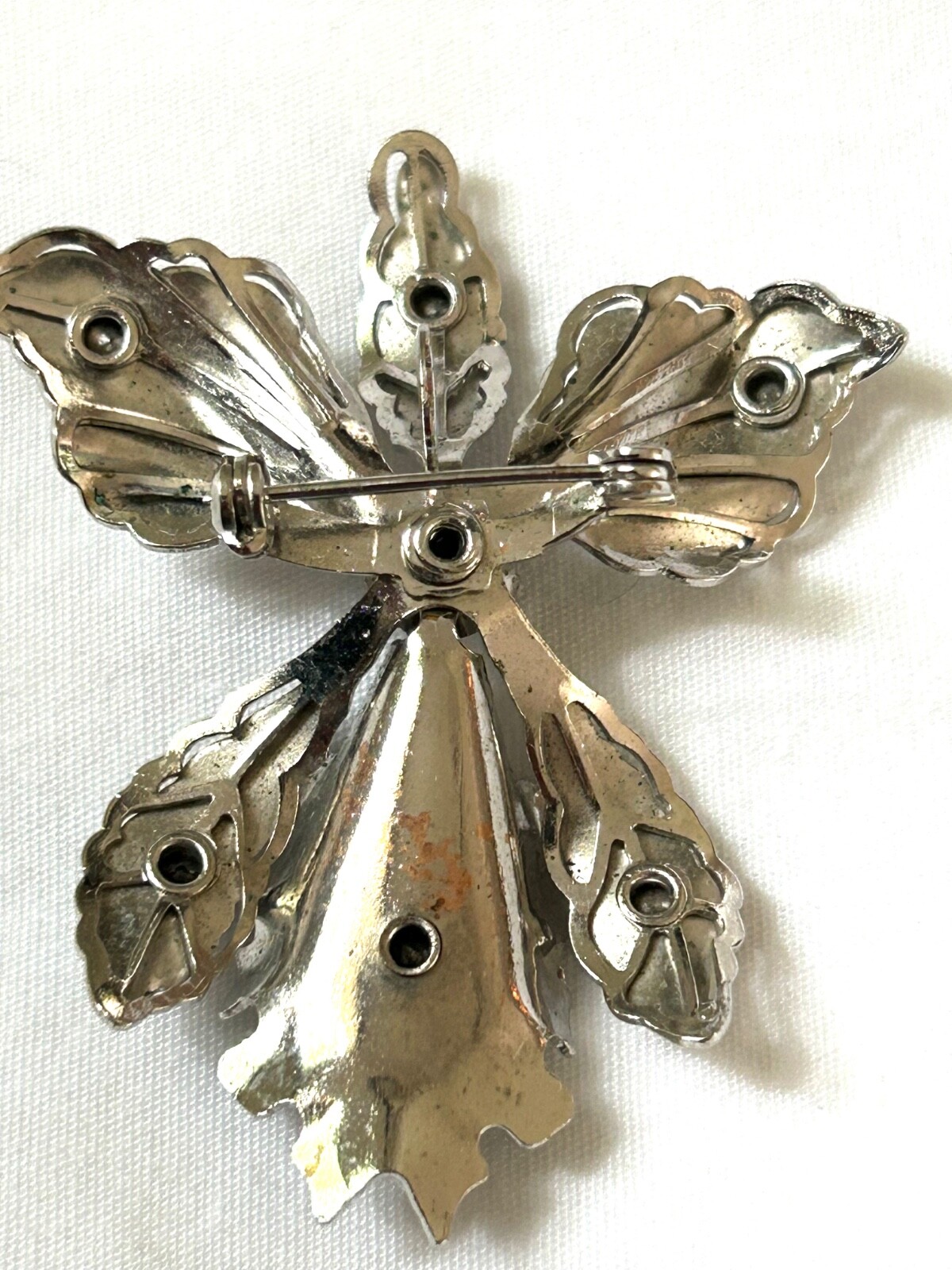 Vintage Orchid Brooch Pendant With Purple Clear Rhinestones Silver-tone