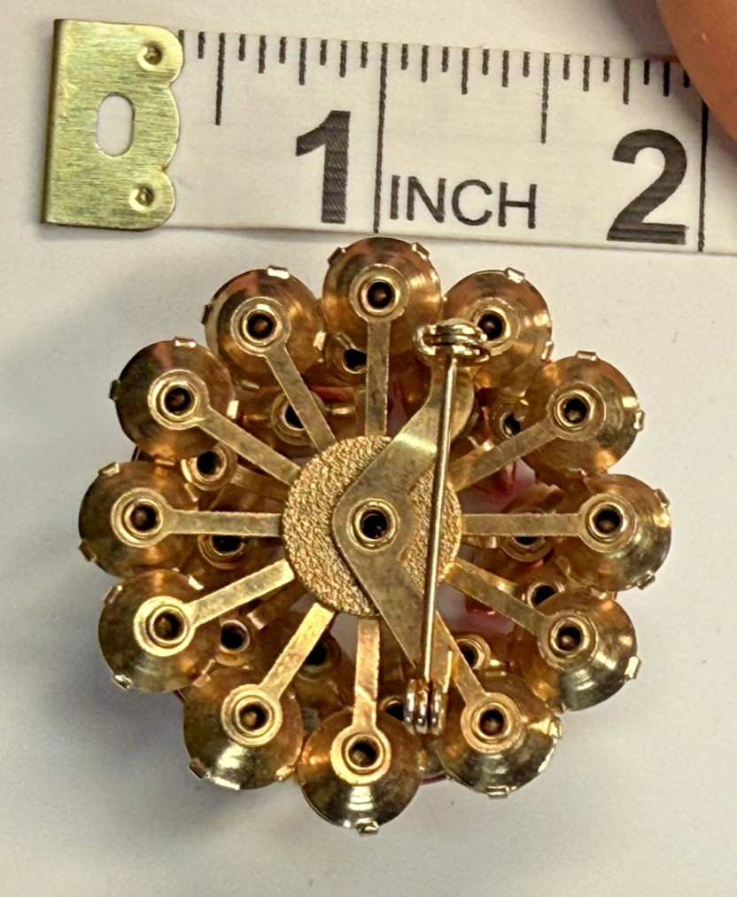 Vintage Pink Navette Rhinestone Domed Brooch Mid Century Gold Tone
