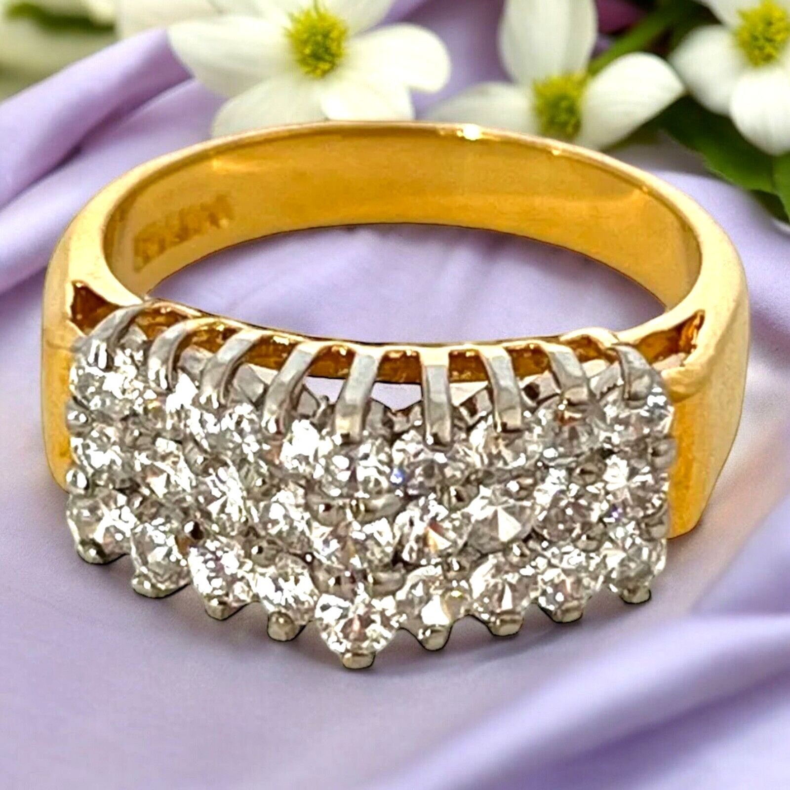 Vintage 1980s Ring Size 6 CZ Cluster Three Row Prong Set Gold Plated – 14M
