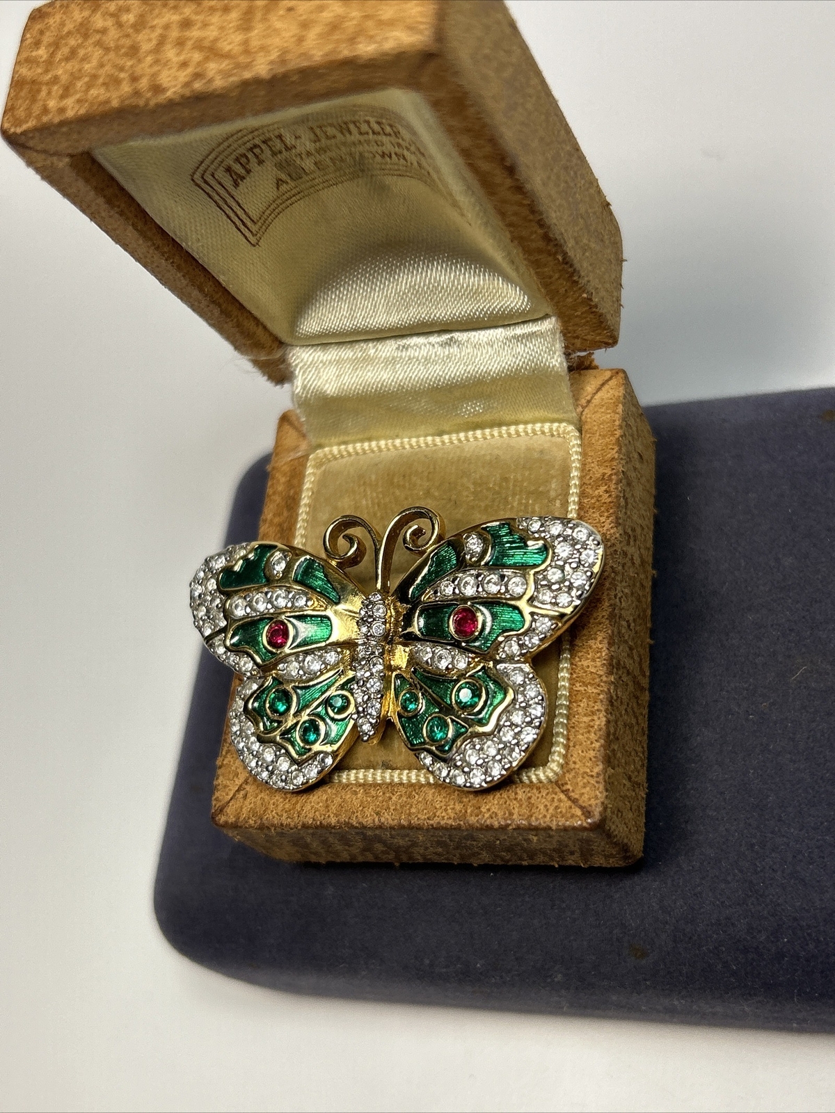 Swarovski Gold Tone Green & Red Enamel Clear Rhinestone Butterfly Brooch