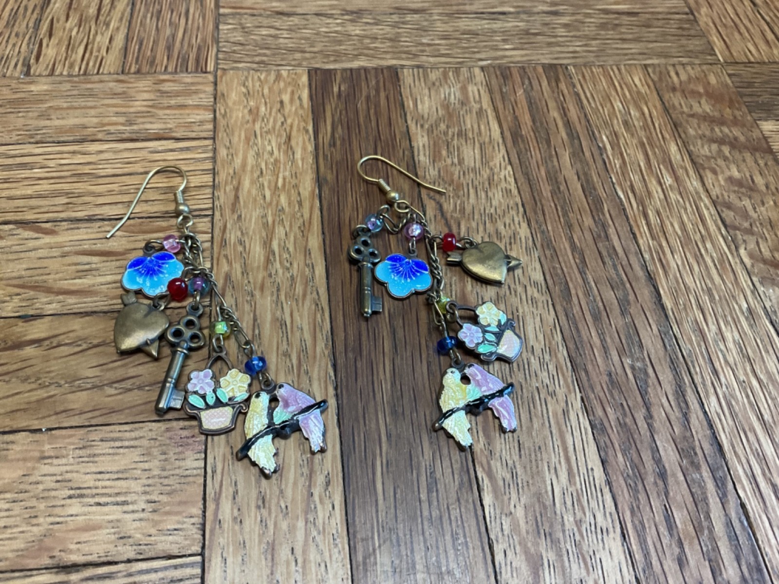 Vintage Glass Works Studio Asymmetrical Charm Earrings Birds Keys Hearts