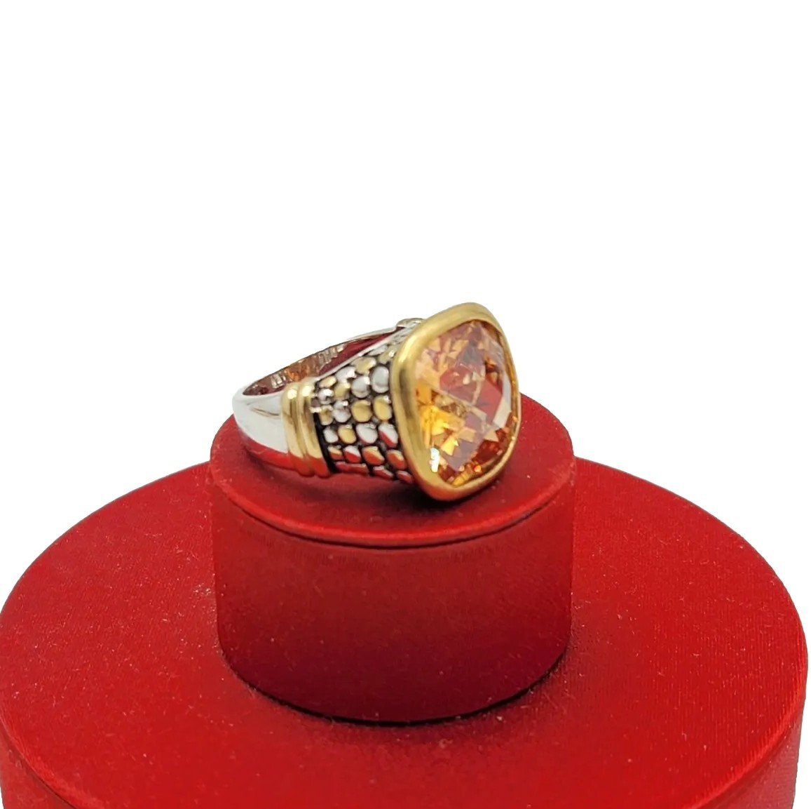 Vtg Sz 8 Ring Lg Citrine Topaz Cubic Zirconia Roman Brutalist Theme Jewelry Dot