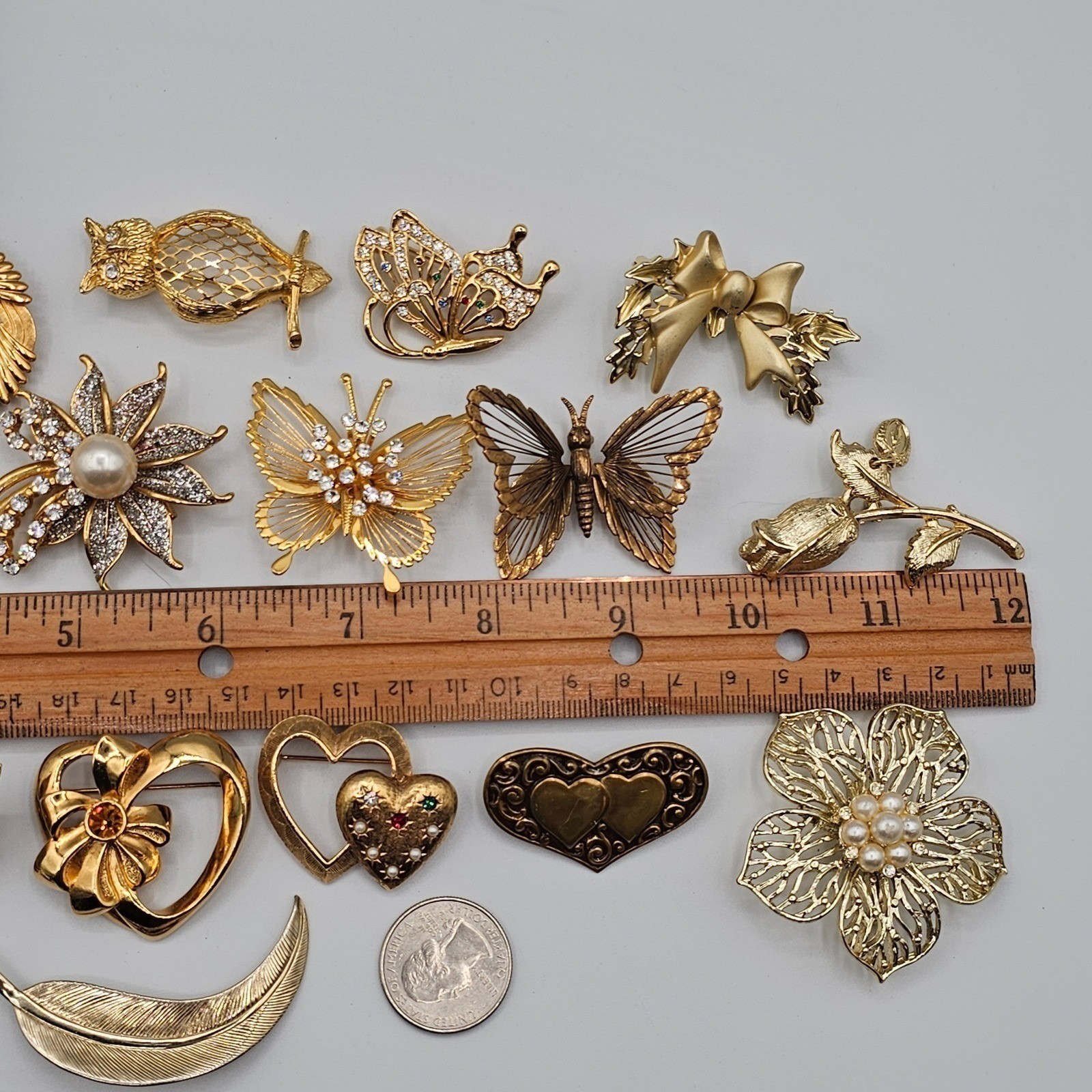Vtg Gold Tone Brooch Lot Rhinestone Butterfly Floral Some Signed Avon Monet 20pc