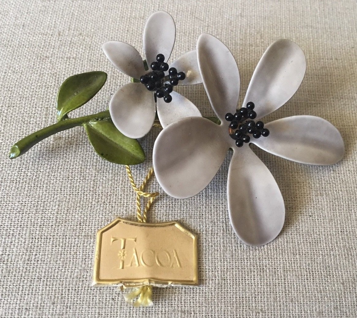 Vintage TACOA Double Flower Enamel Painted Pin Brooch w/ Original Tag Attached