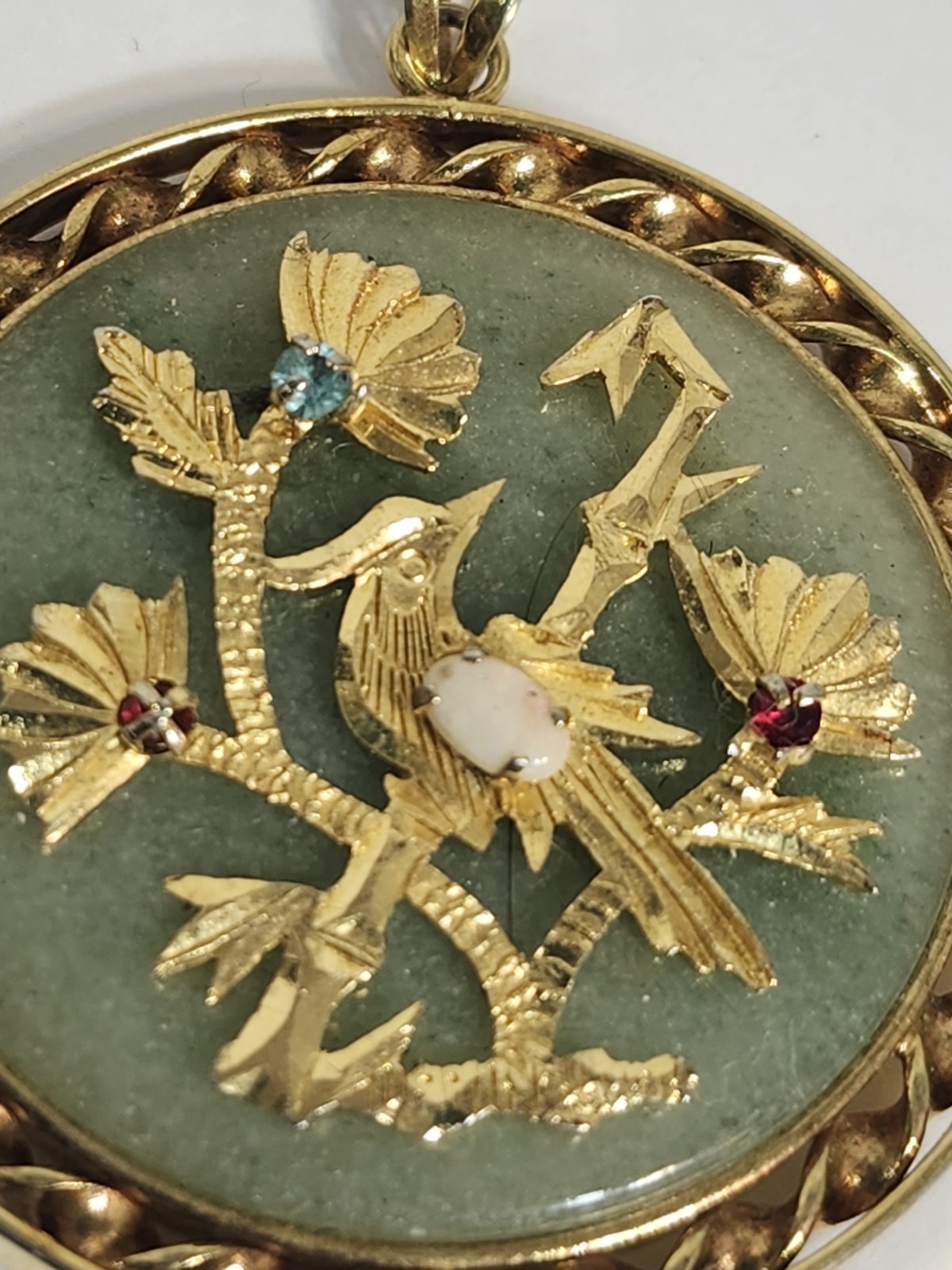 VTG Chinese BLESSING Gold Filled & Jade Pendant Bird In A Tree w/Gems ALMOST 2″W