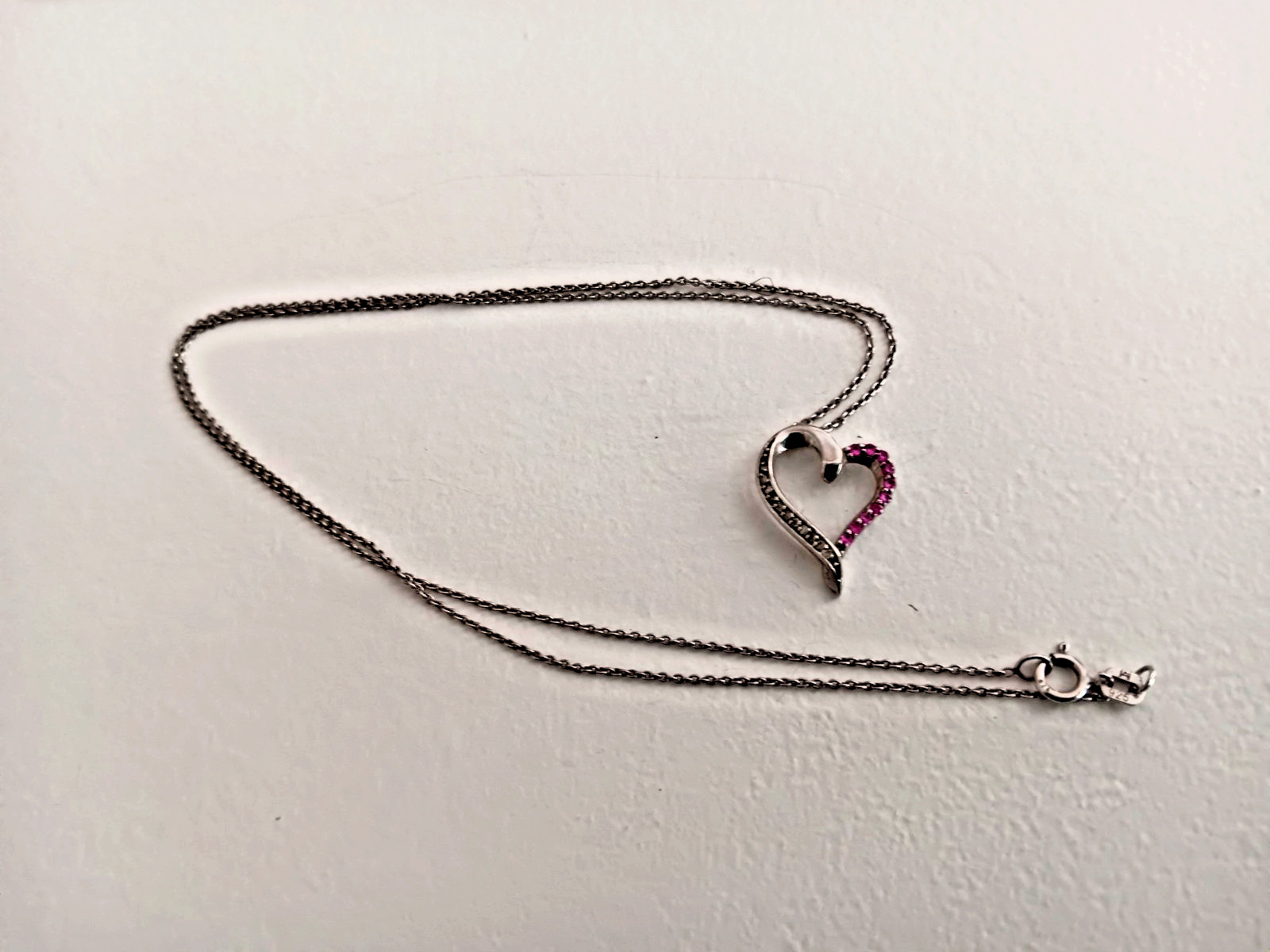 Heart Shaped Pendant Necklace Tiny Red & Clear Stones Chain Marked M 925