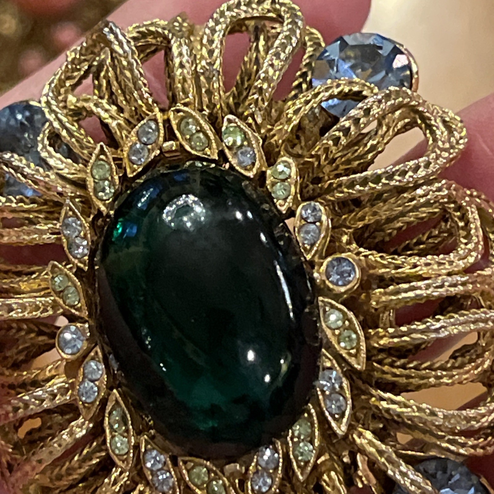 Vintage Capri Green Gripoix Glass Cabochon Blue Green Rhinestone Ornate Brooch