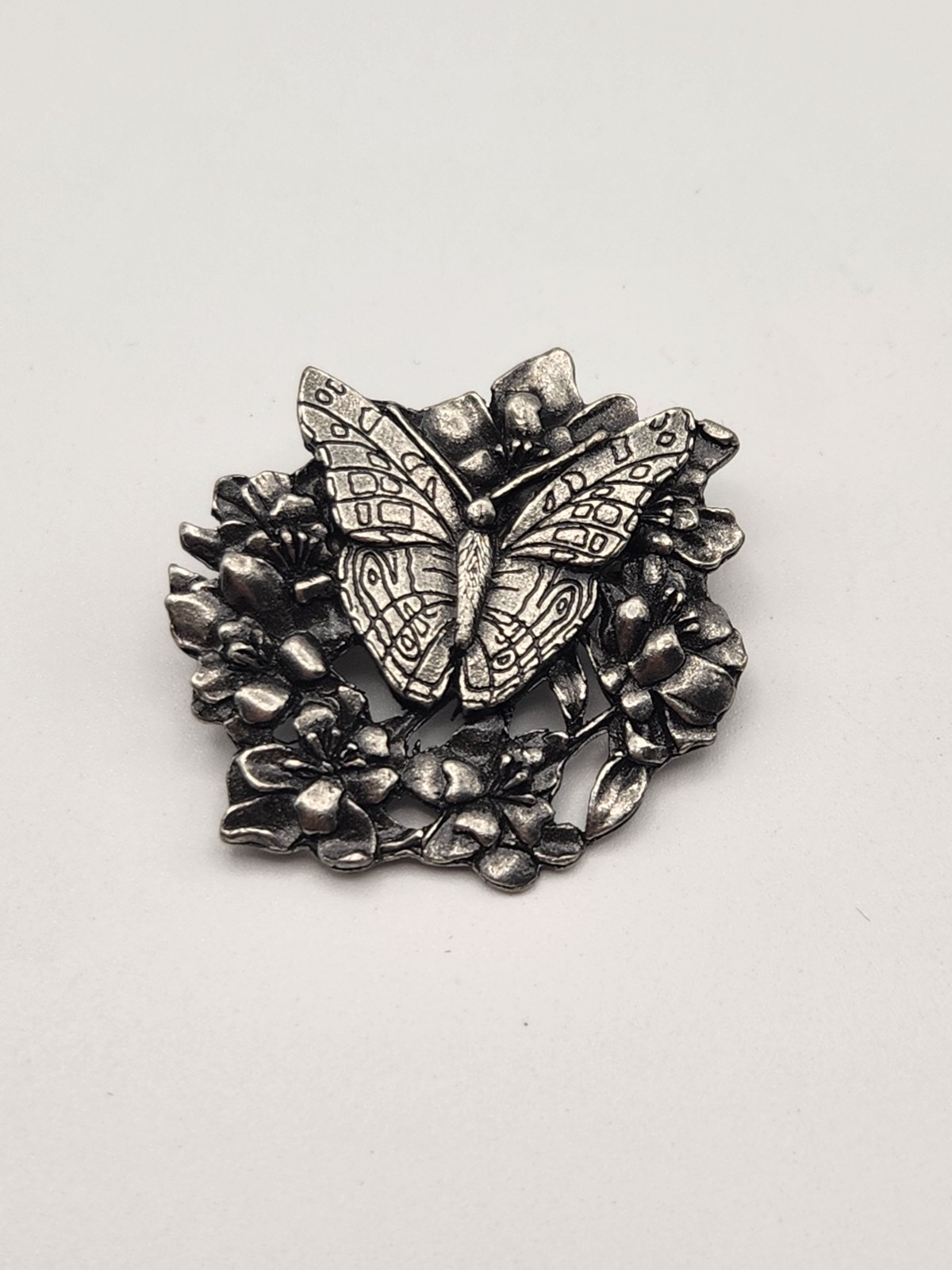Vintage pewter Birds and Blooms limited edition butterfly brooch pin