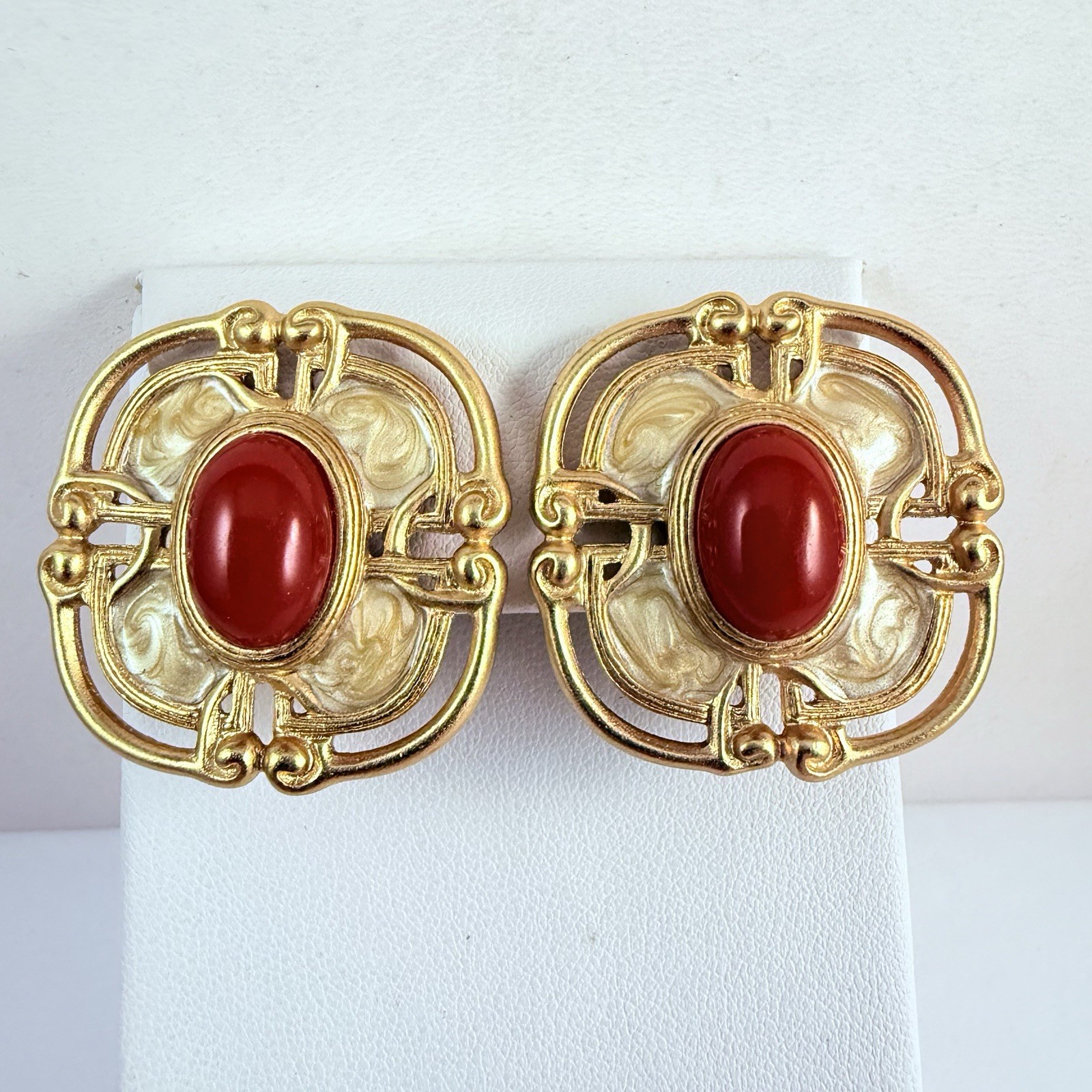 Vintage MONET Red Cabochon Enameled Matte Gold Tone Clip on Earrings