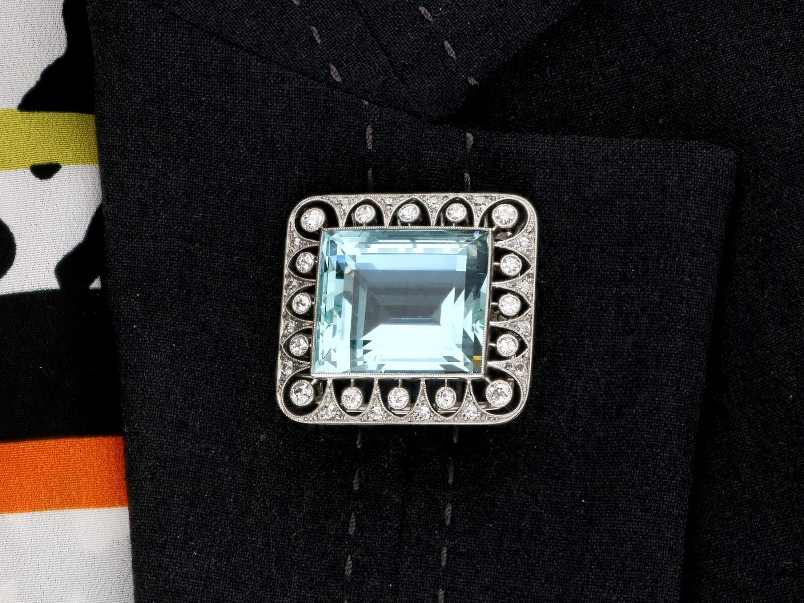 Antique 42.24Ct Aquamarine, 1.62Ct Diamond and Platinum Brooch / Pendant