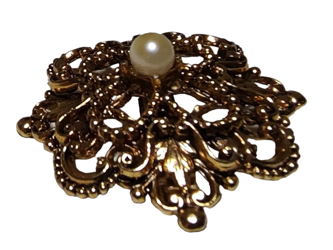 Tacoa Raised Relief Brooch Pin Faux Pearl Floral Filigree Gold Tone Vintage