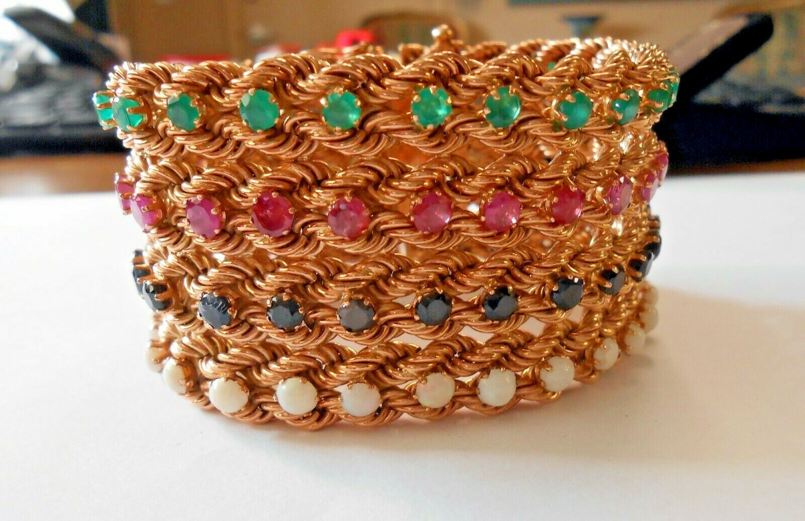 14K Yellow Gold Emerald Ruby Sapphire Opal Multi Strand Wide Bracelet 76 Grams