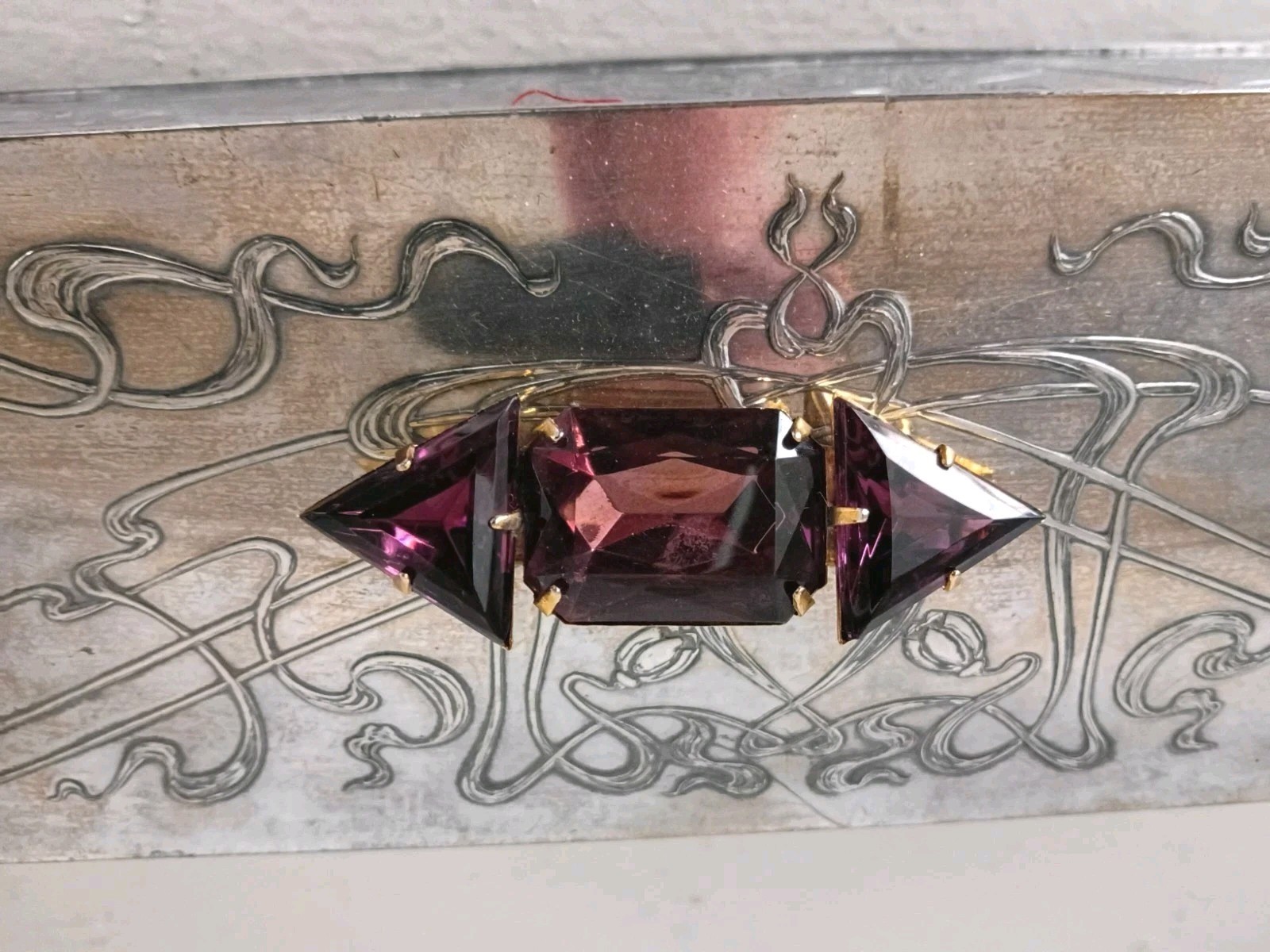 Vintage Purple Amethyst Color 3 large Glass Gem Brooch Modernist Art Deco