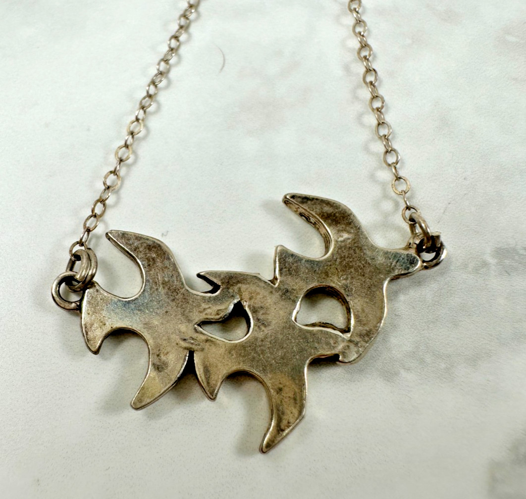 Sterling Silver Southwest Necklace-3 Flying Birds w/ Turquoise Chip Inlay-14″