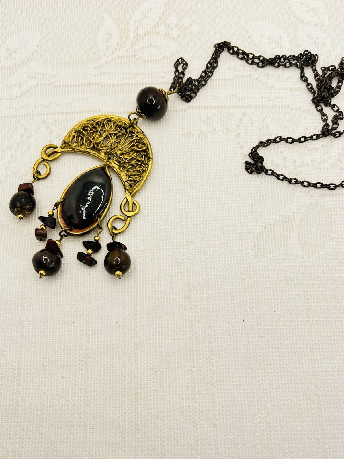 Vintage Brutalist Mixed Metals Necklace Handmade 70s Brass Copper Glass Beads