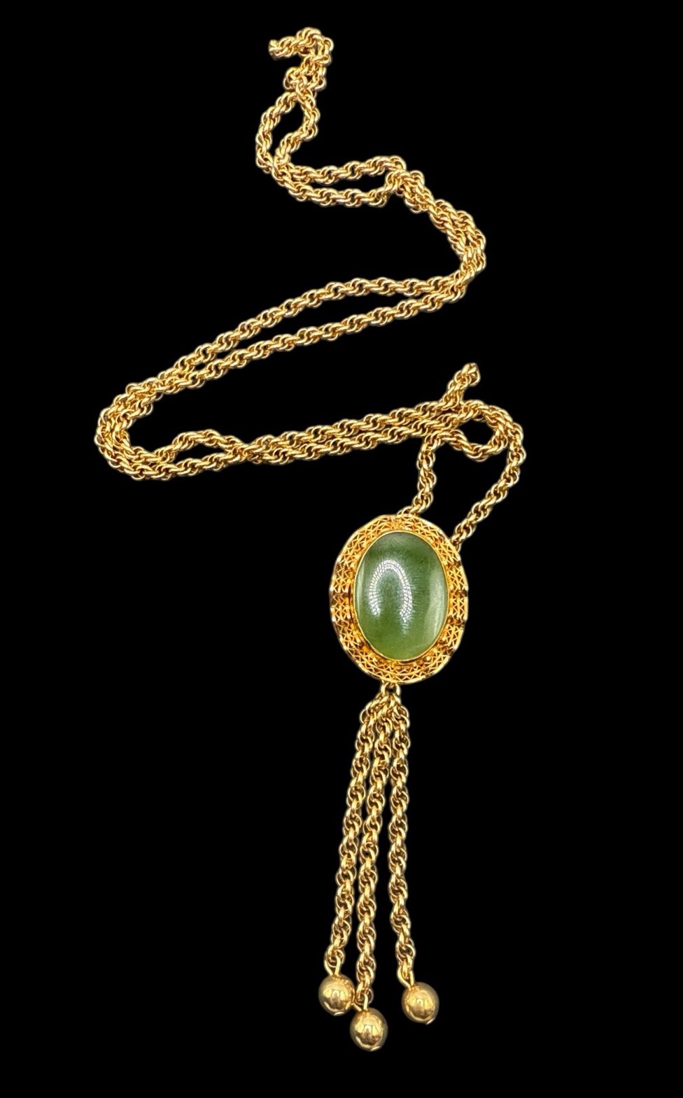 Vintage 1/20 12k Gold Filled Filigree Jade Slide Tassel Pendant Necklace 25g J13