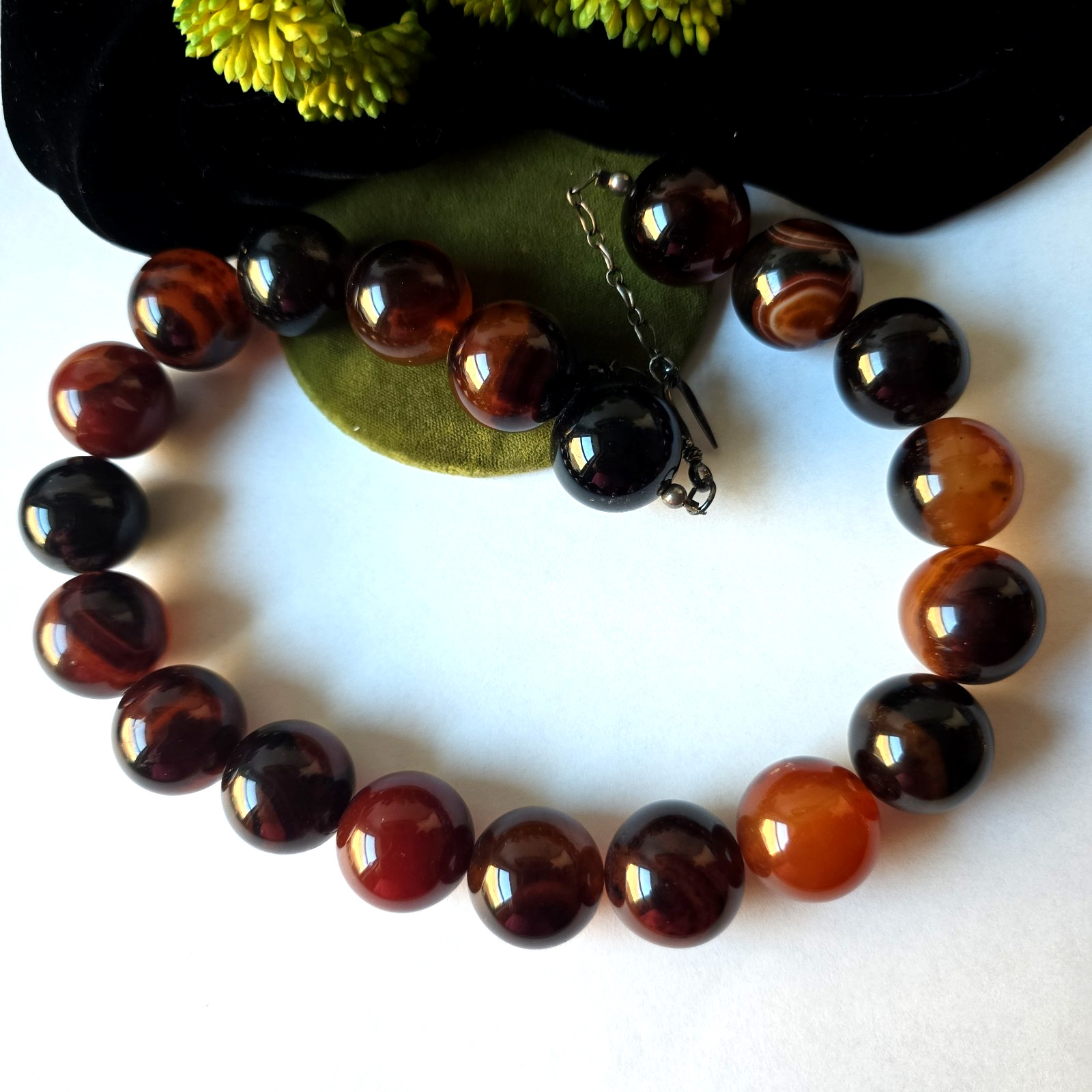 Vintage Heavy Chunky Agate Stone Beads Silver Plated Hook Clasp Necklace 19″ L