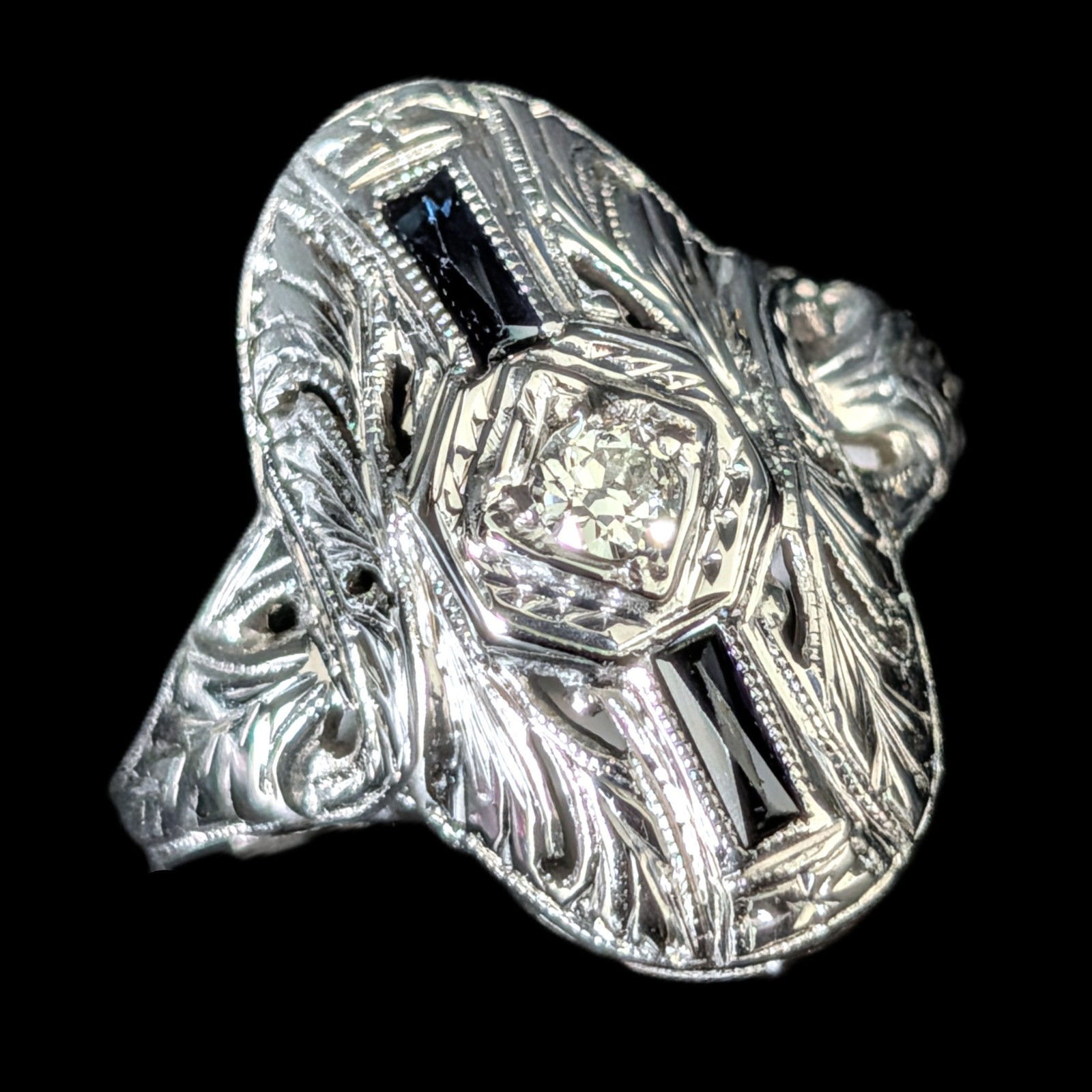 1920s Art Deco Old European Cut Diamond Lab Sapphire 14k White Gold Ring Antique
