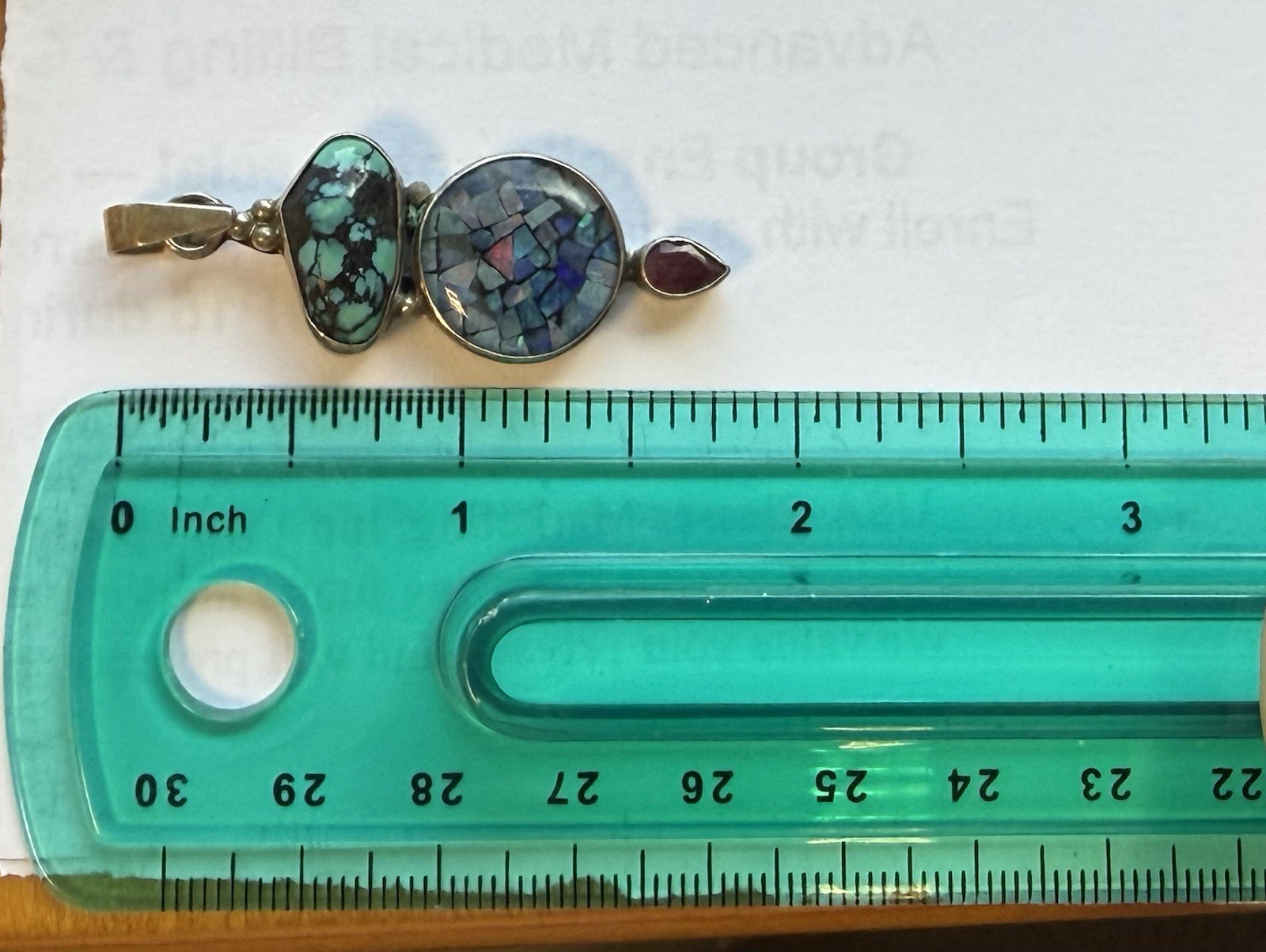 Vintage Sterling Silver Pendant W/ Turquoise, Opal Mosaic Inlay, Garnet 1.7 Inch