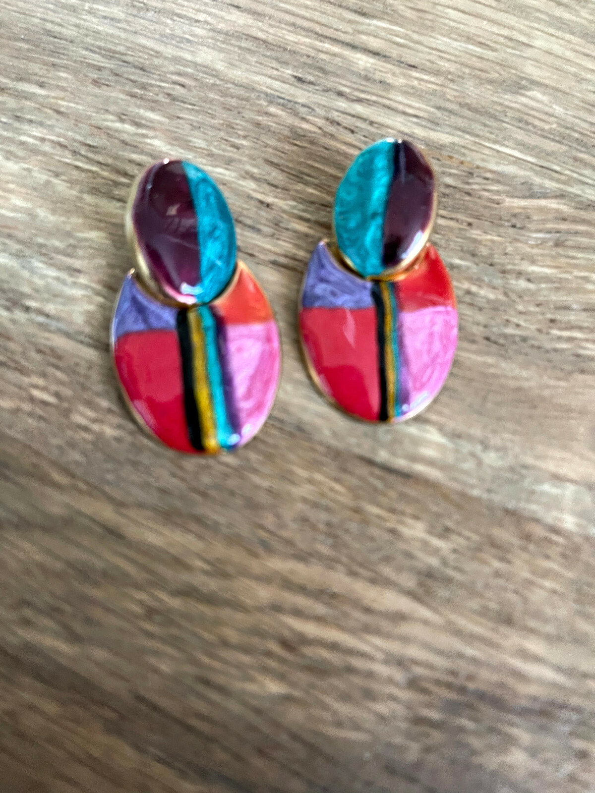 Vintage Dangle Piereced Ear Gold Retro Earrings Metallic Paint Mod 60s 80s
