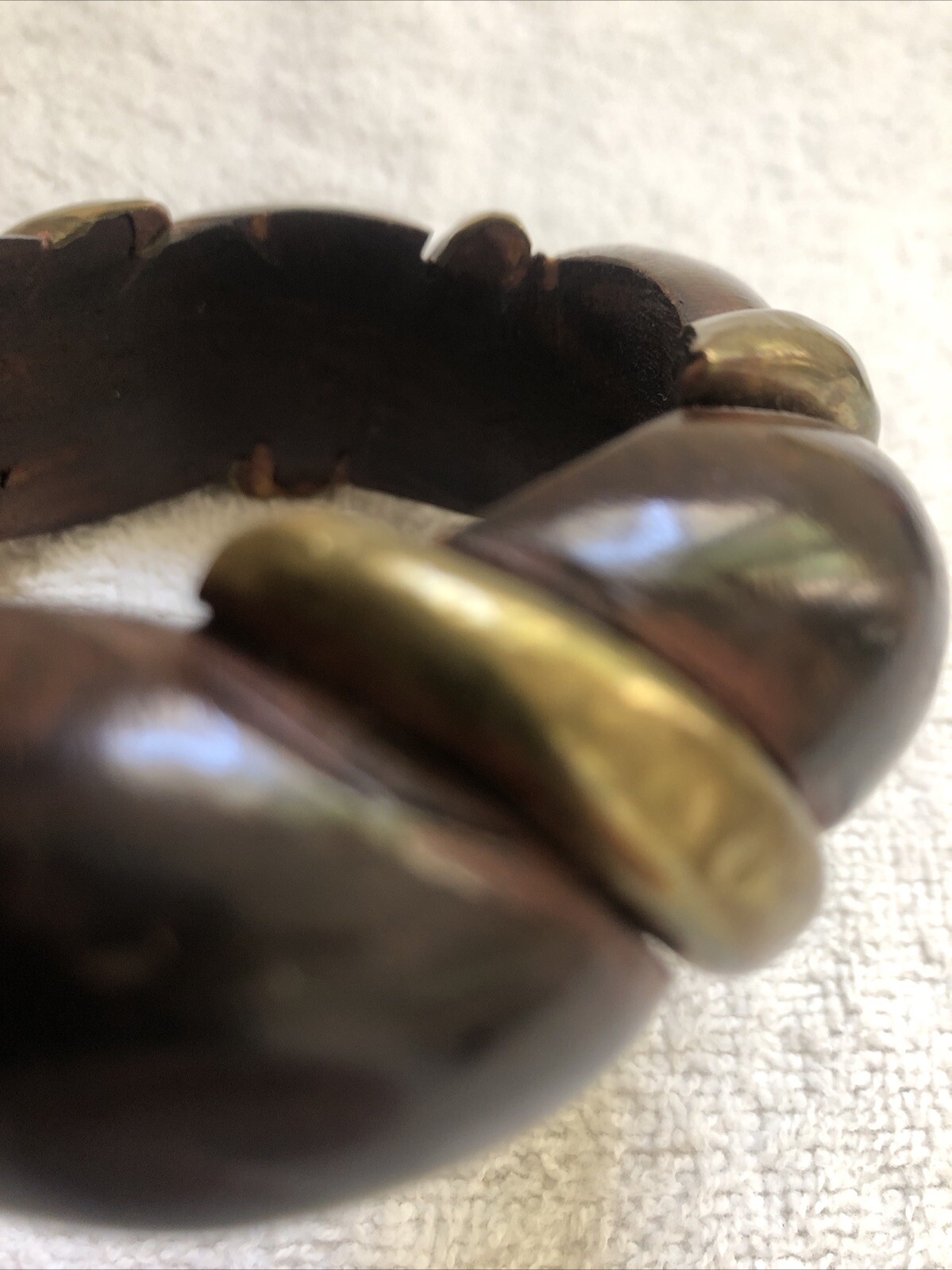 Vintage 1960’s Dark Brown Wooden Bangle with Gold Tone Metal Inlay Bracelet
