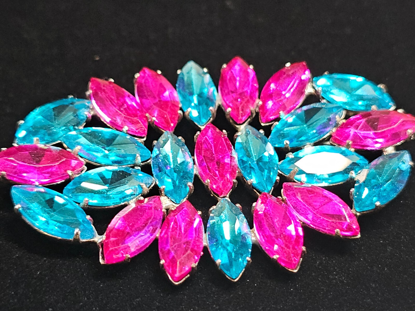 Vtg Neon Pink and Blue 3″ Rhinestone Brooch Pin