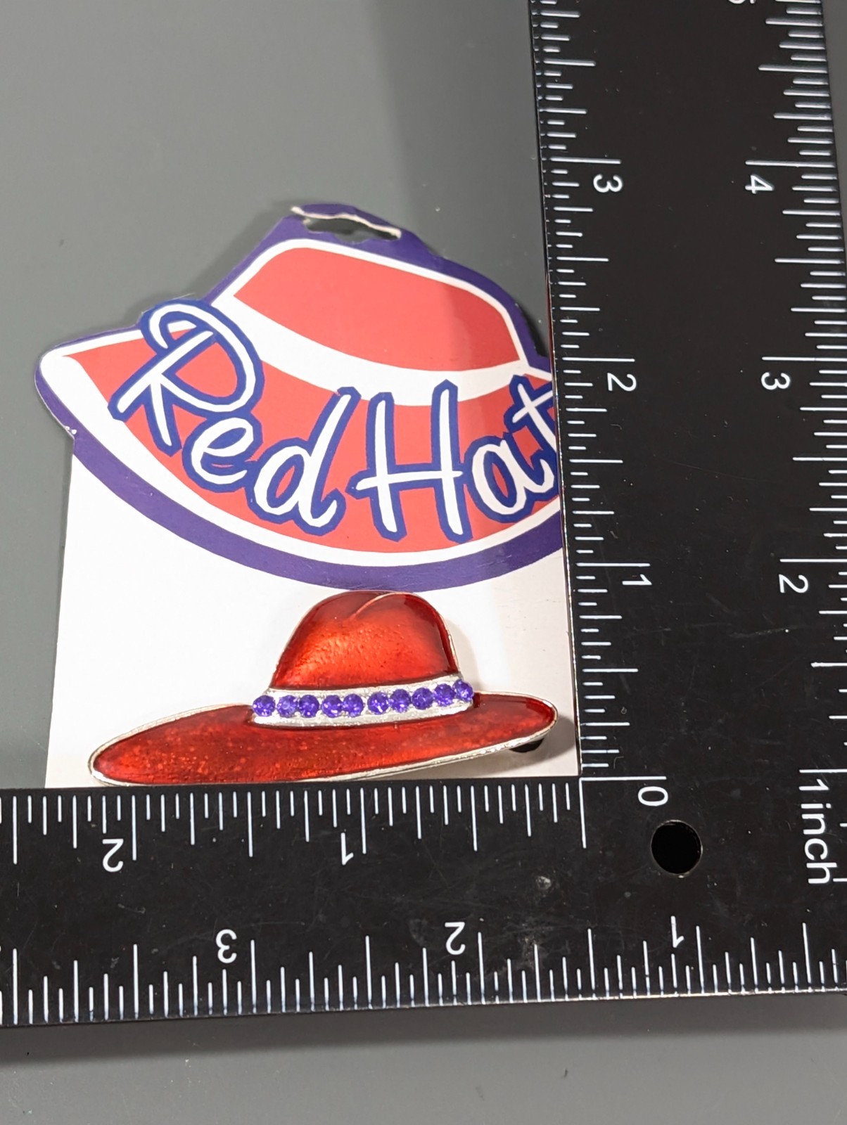 Ladies Red Enamel Hat Purple Rhinestone Brooch Pin