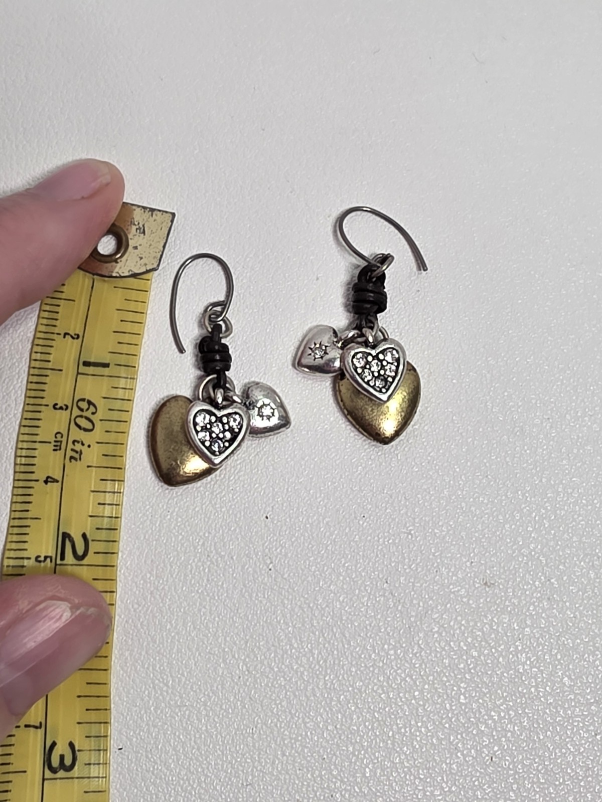 Vintage “Fossil” Two Tone Heart Dangle Pierced Earrings, about 1 inch dangle