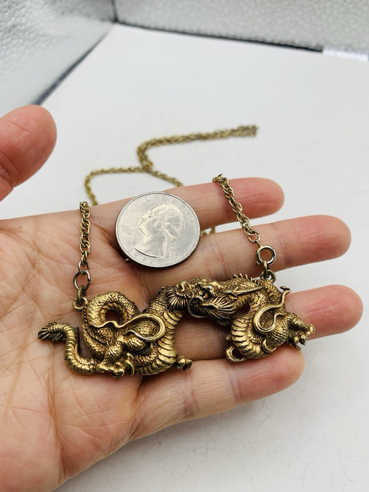 Vintage Alva Museum Replica Gold Tone Menuki Asian Japanese Dragon 18” Necklace