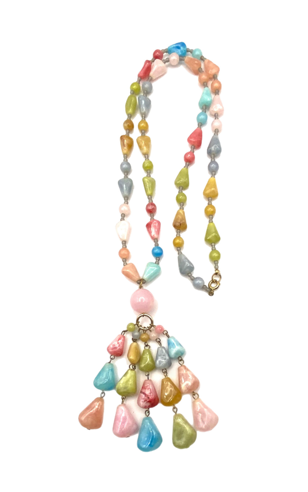 Vintage Chunky Pastel Multi-Color Beaded Tassel Pendant Necklace Plastic 30″