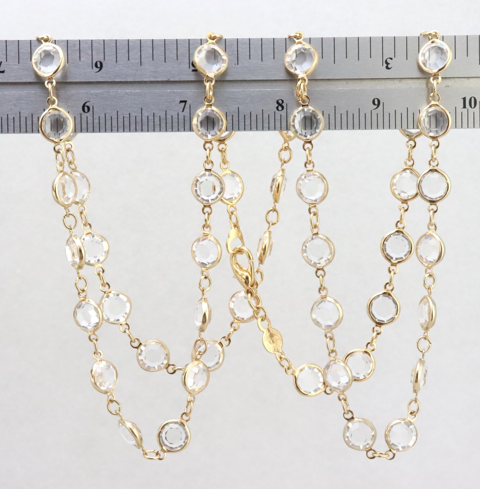 34″ Long 9mm Clear Crystal Bezel Rhinestone Necklace Signed AUSTRIAN USA Gold Tn