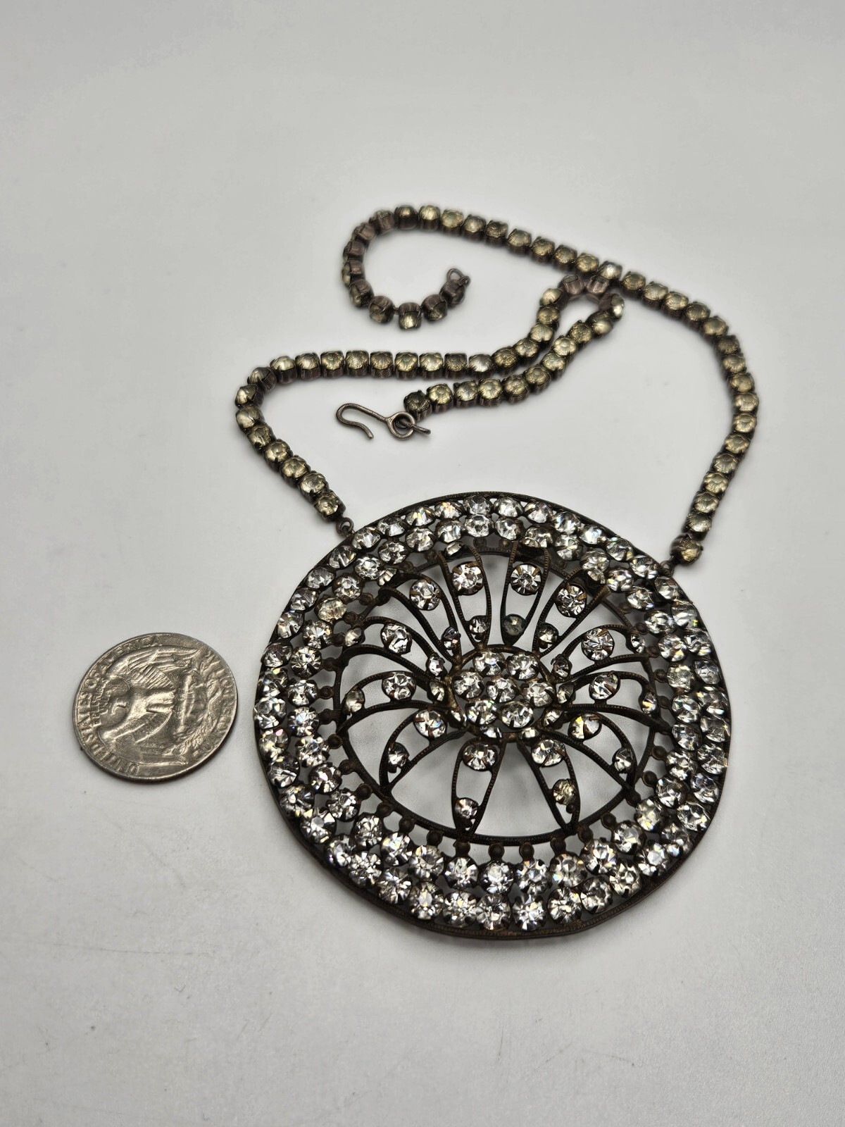 As Is Vintage Silver Tone Clear Rhinestones Ornate Pendant Collar Necklace