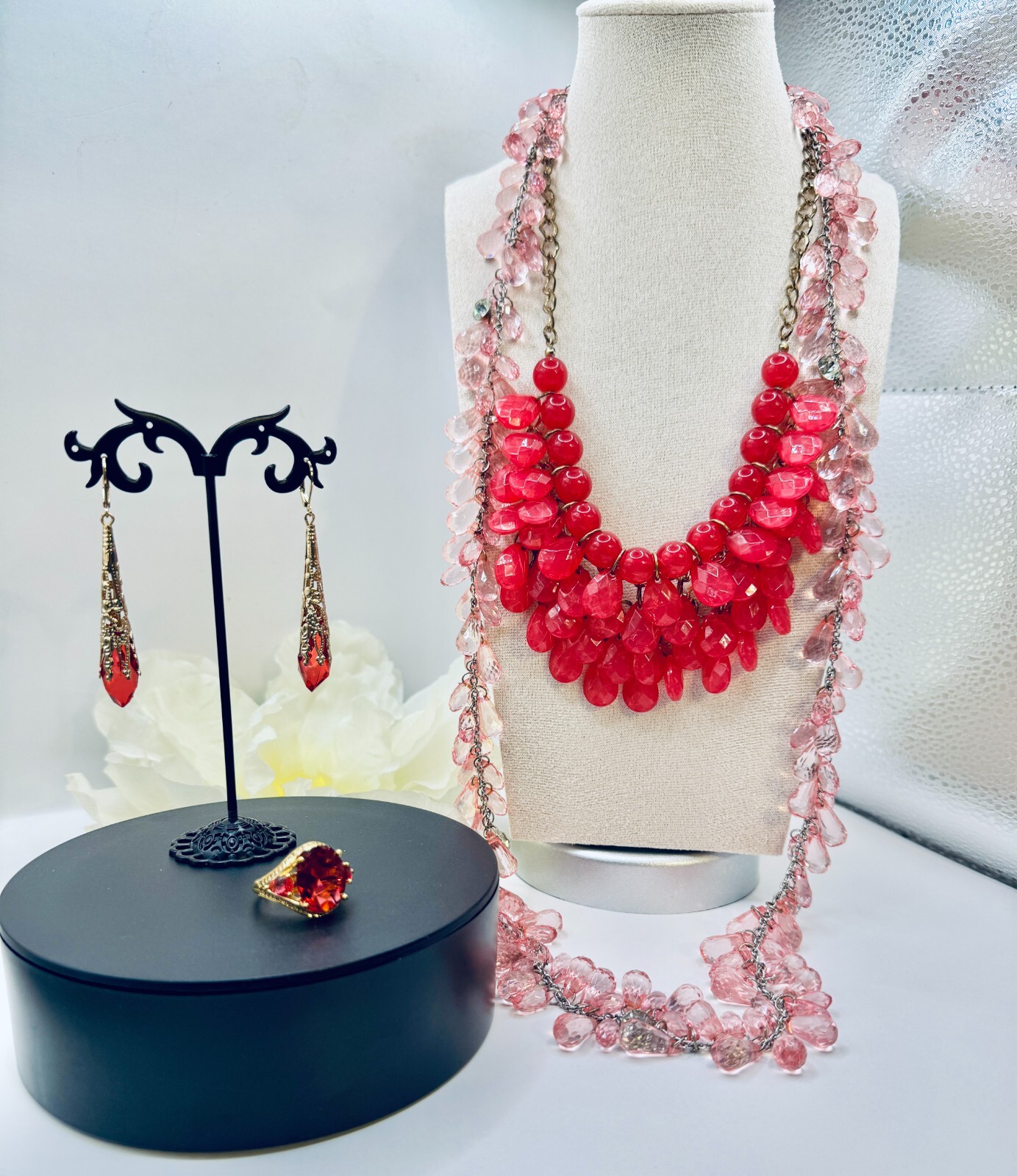 Beautiful Pink Lot 42″ & 20″ Crystal Necklaces Stunning Earrings + Gorgeous Ring
