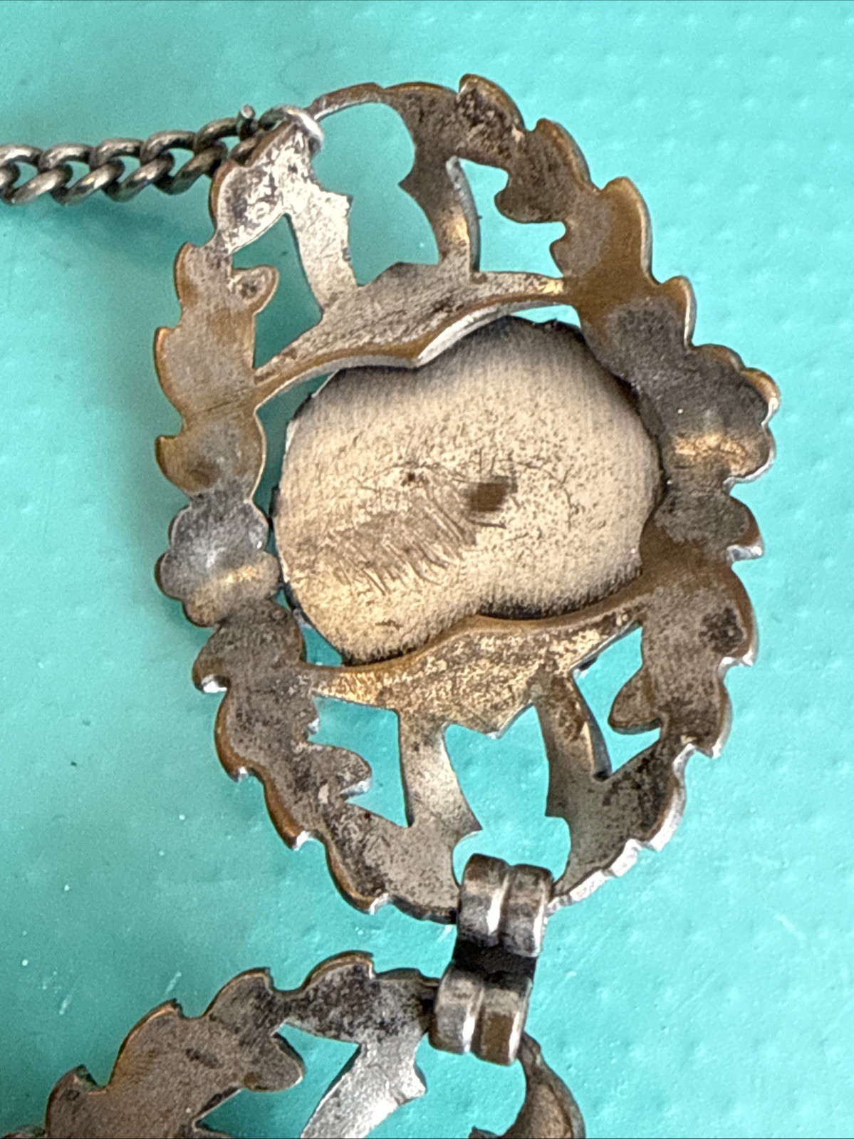 Silver Tone floral vintage panel bracelet with black stones 7”