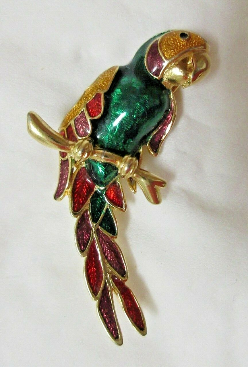 Vintage Gold Tone Green, Red, Yellow & Blue Enamel Parrot Brooch