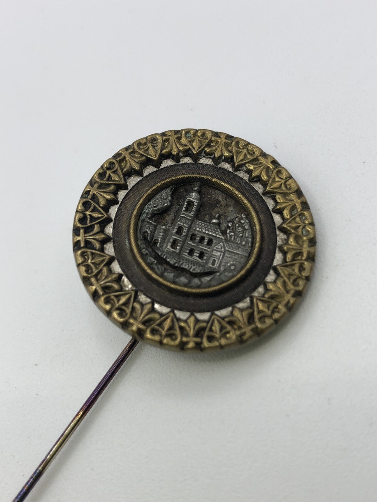 Vintage Antique Metal Picture Hat Pin Lapel Button VICTORIAN BUILDINGS