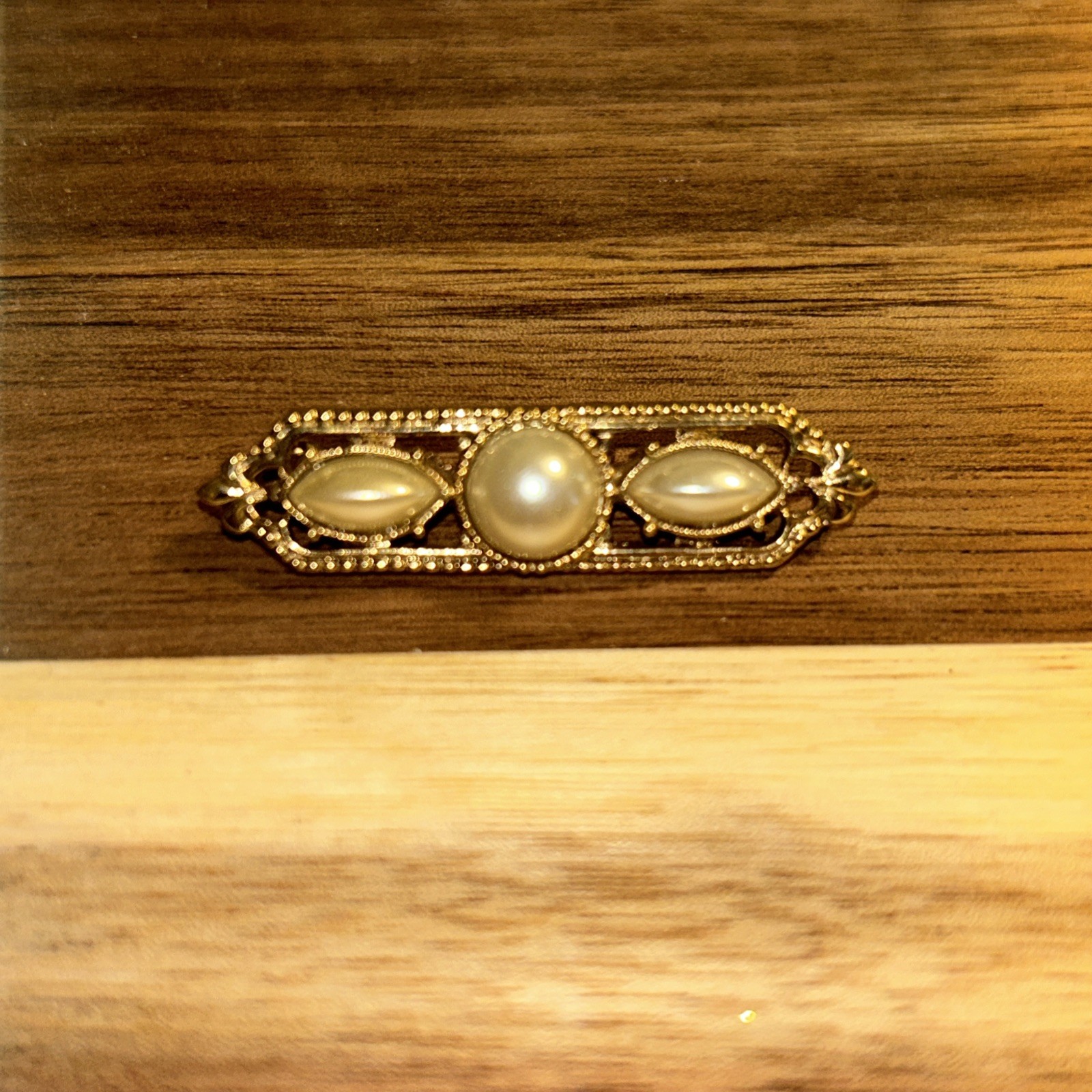 Vintage Faux Pearl and Gold Tone Pin Brooch About 1 3/4 Inches Long