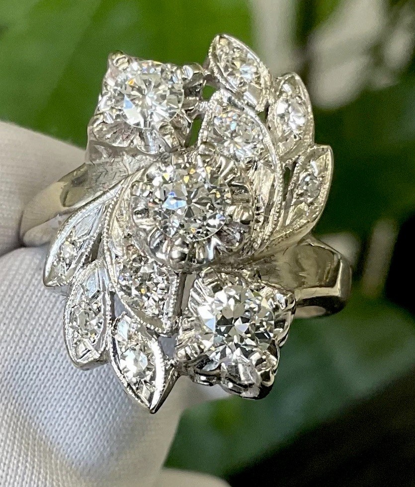 ANTIQUE RETRO NATURAL OLD EUROPEAN CUT DIAMOND COCKTAIL RING 14K WHITE GOLD