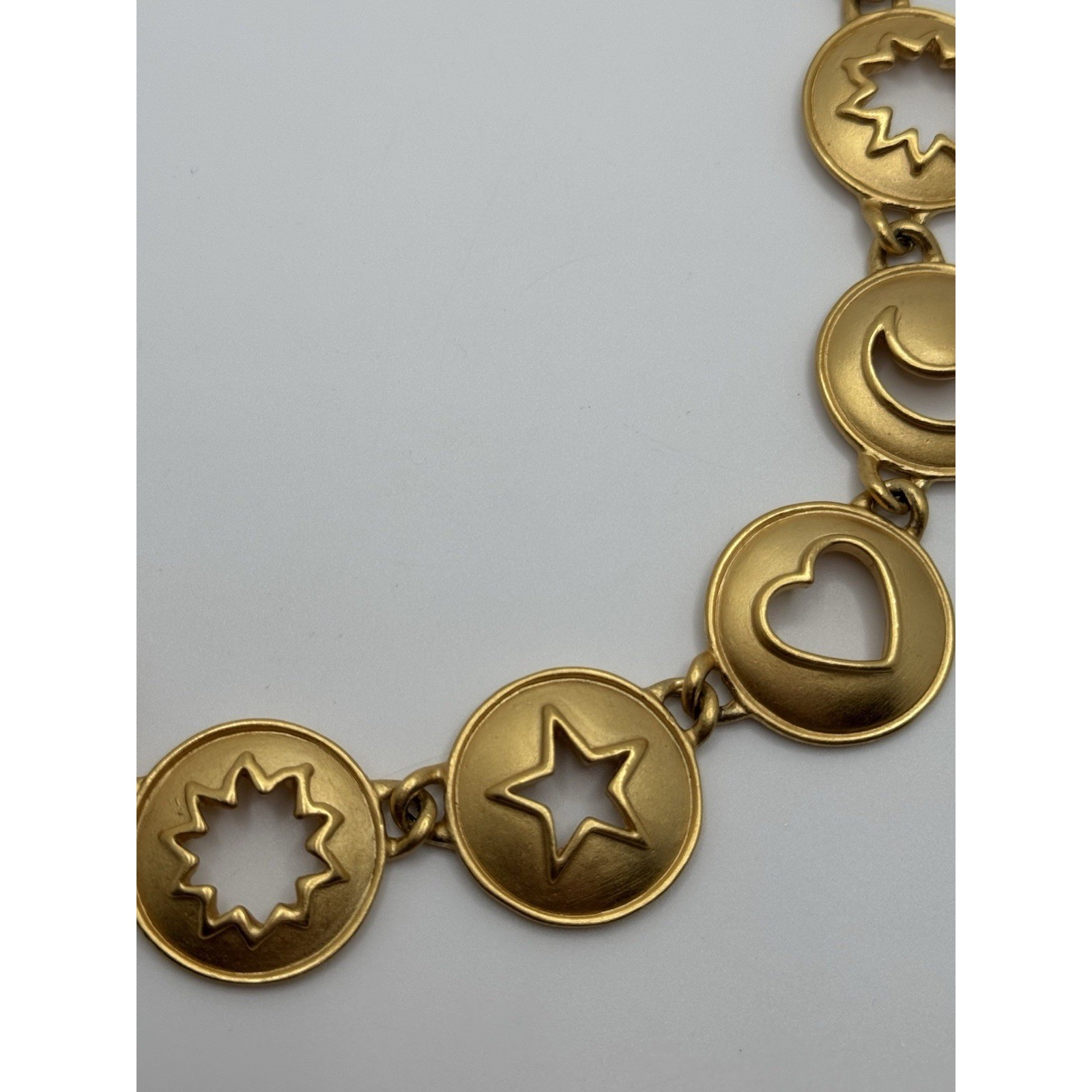 Vintage Anne Klein Necklace Matte Gold Tone Heart Star Moon Cut Out Round Link