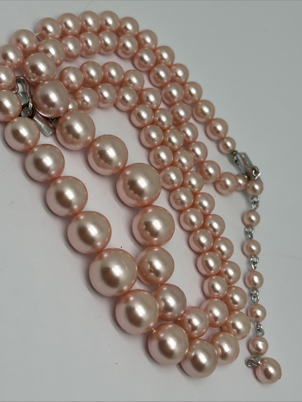 Vintage pink Faux Pearl 15”-17” Necklace Graduated Double Strand Signed Japan